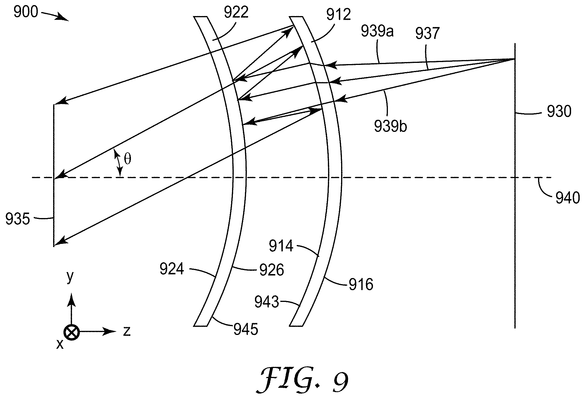 Patent US11787137 Figure 9 – Optical system