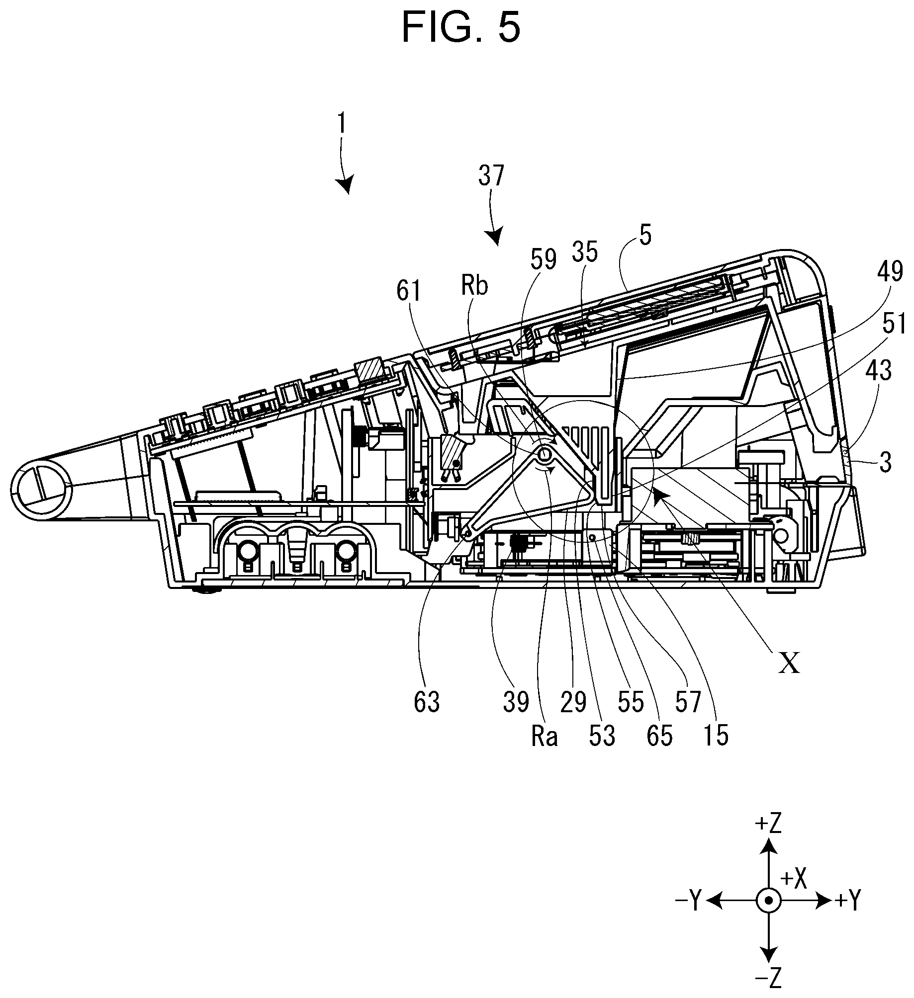 Patent US11787207 Figure 5 – Opening/closing mechanism for opening/closing cover and tape printing device