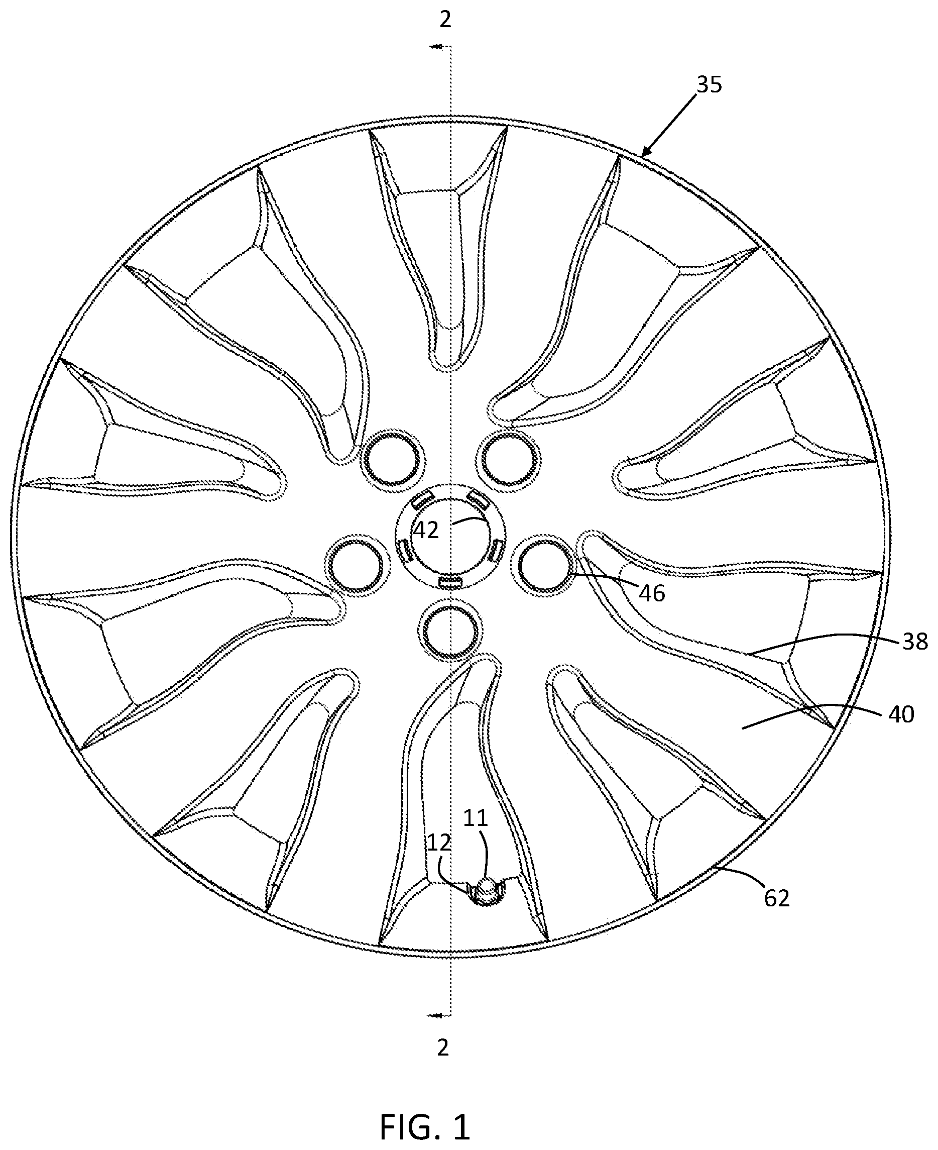 Patent US11787230 Figure 1 – Vehicle wheel cover retention system