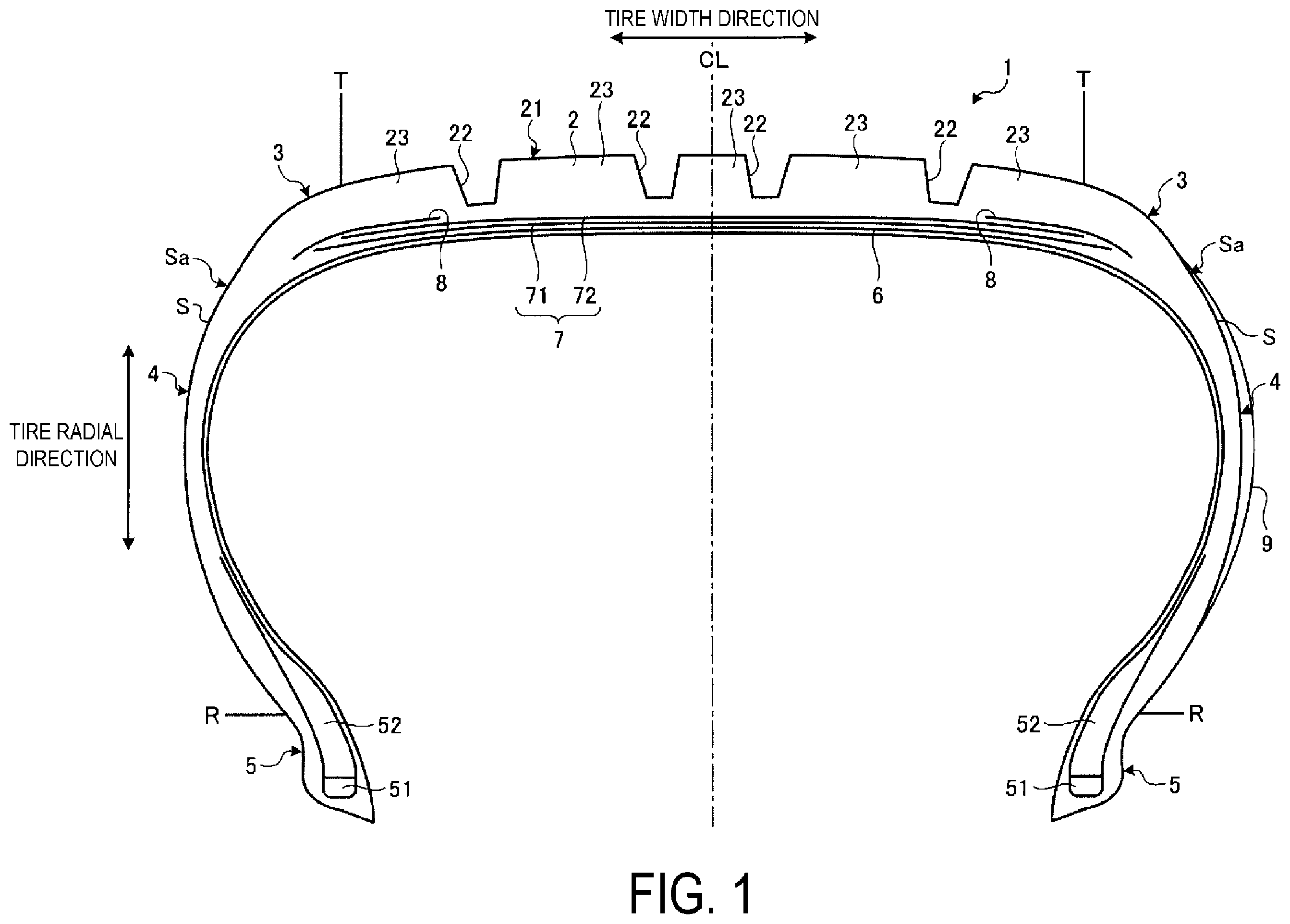Patent US11787238 Figure 1 – Pneumatic tire