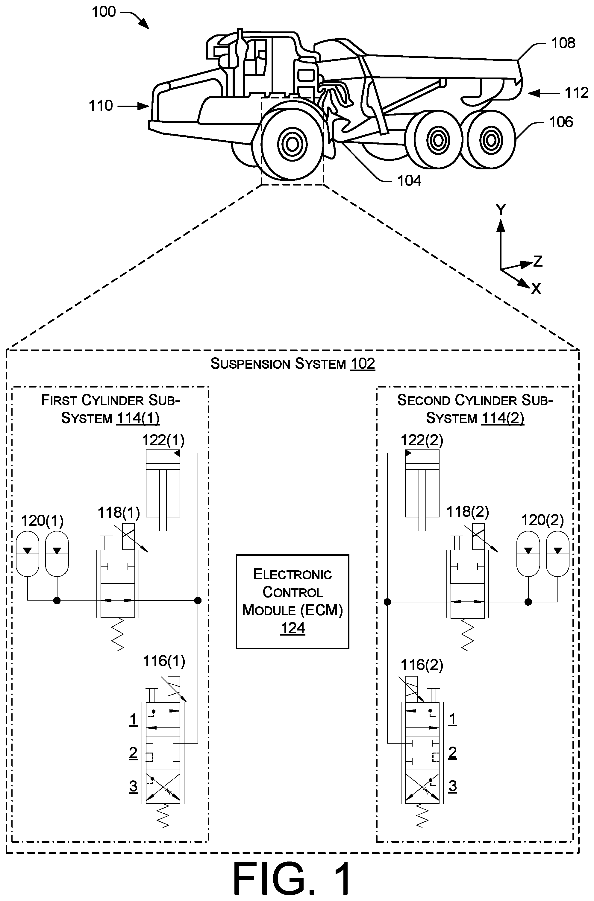 Patent US11787255 Figure 1 – Suspension system with individual ride height and dampening control