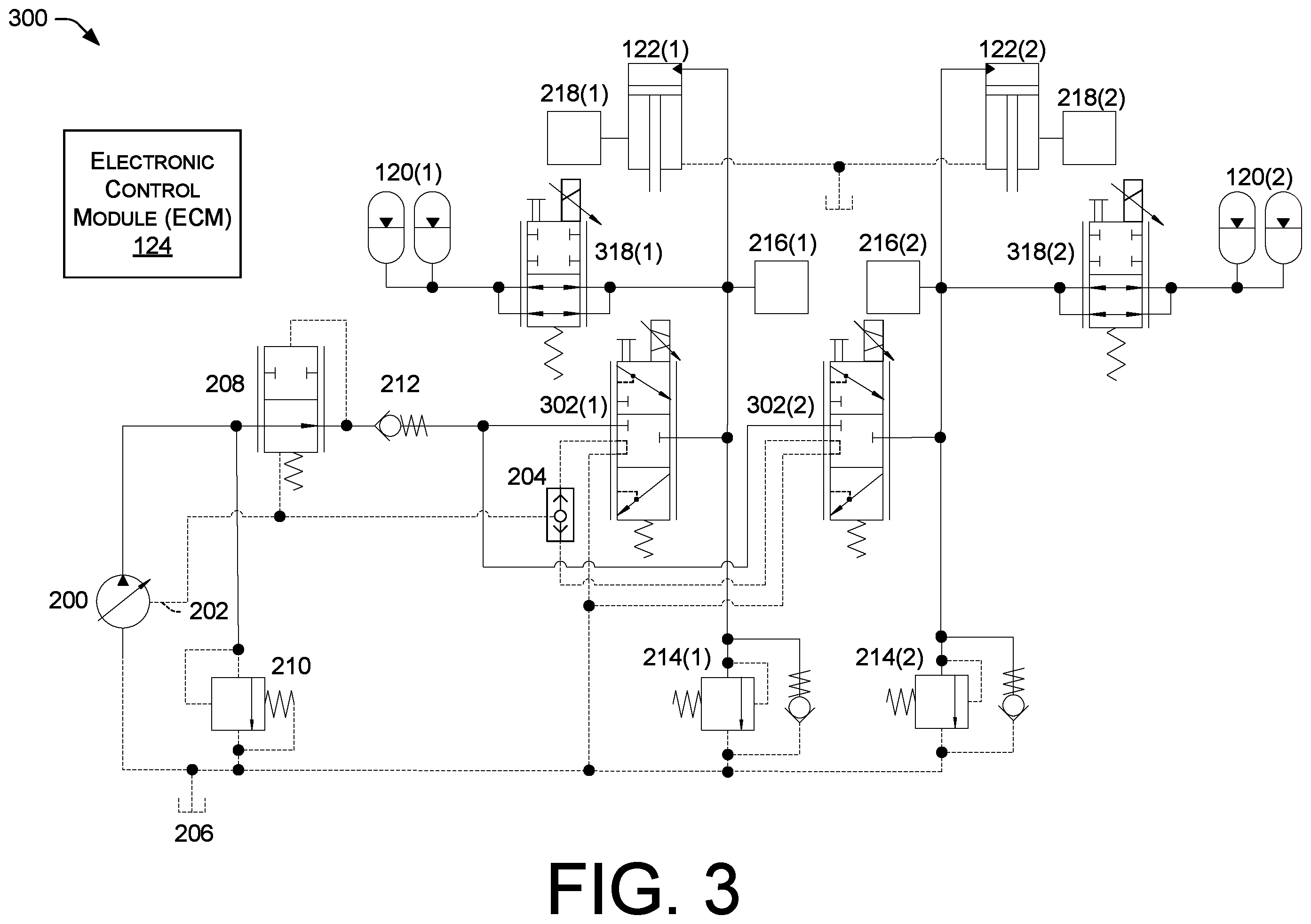 Patent US11787255 Figure 3 – Suspension system with individual ride height and dampening control