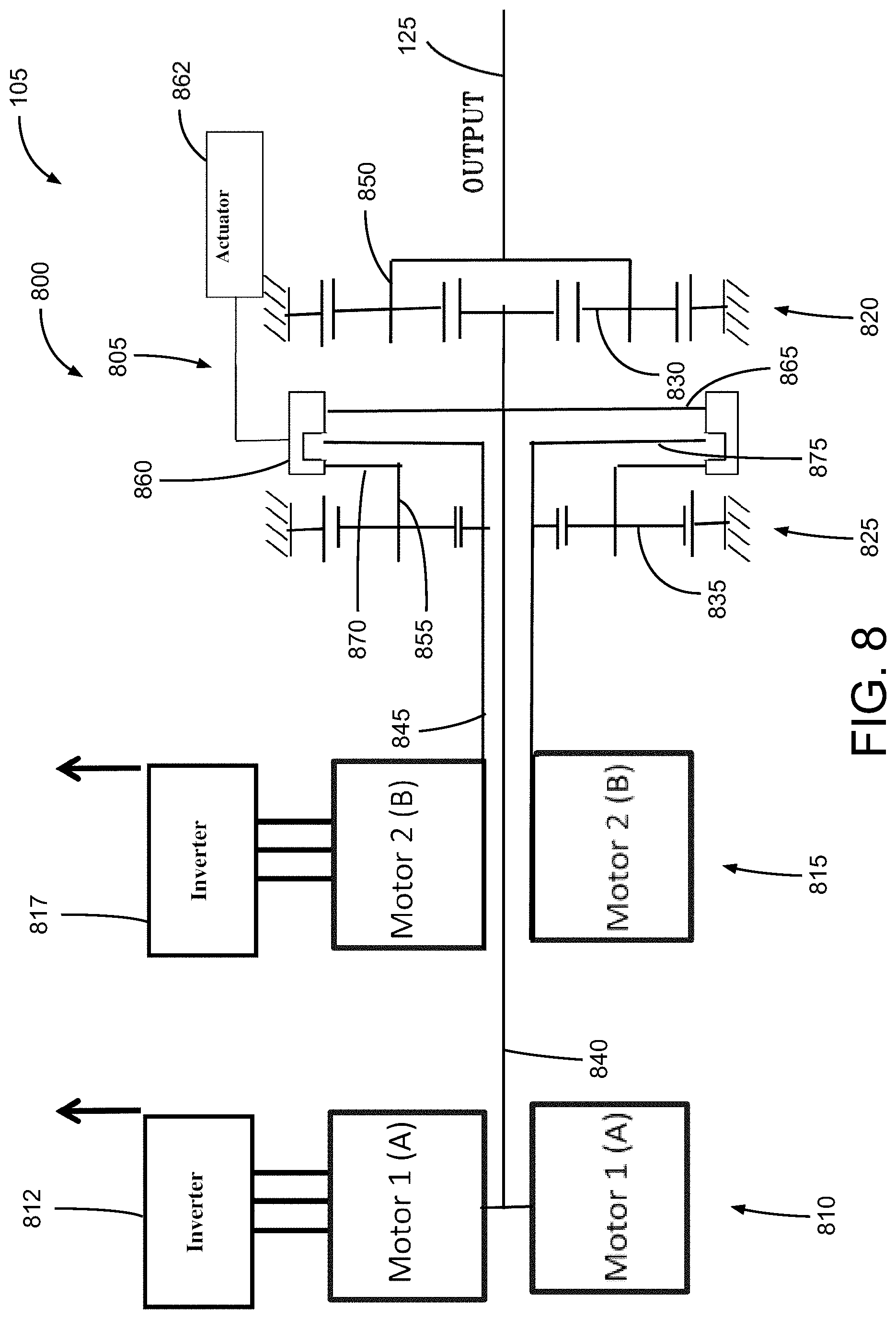 Patent US11787281 Figure 8 – Component alignment for a multiple motor mixed-speed continuous power transmission