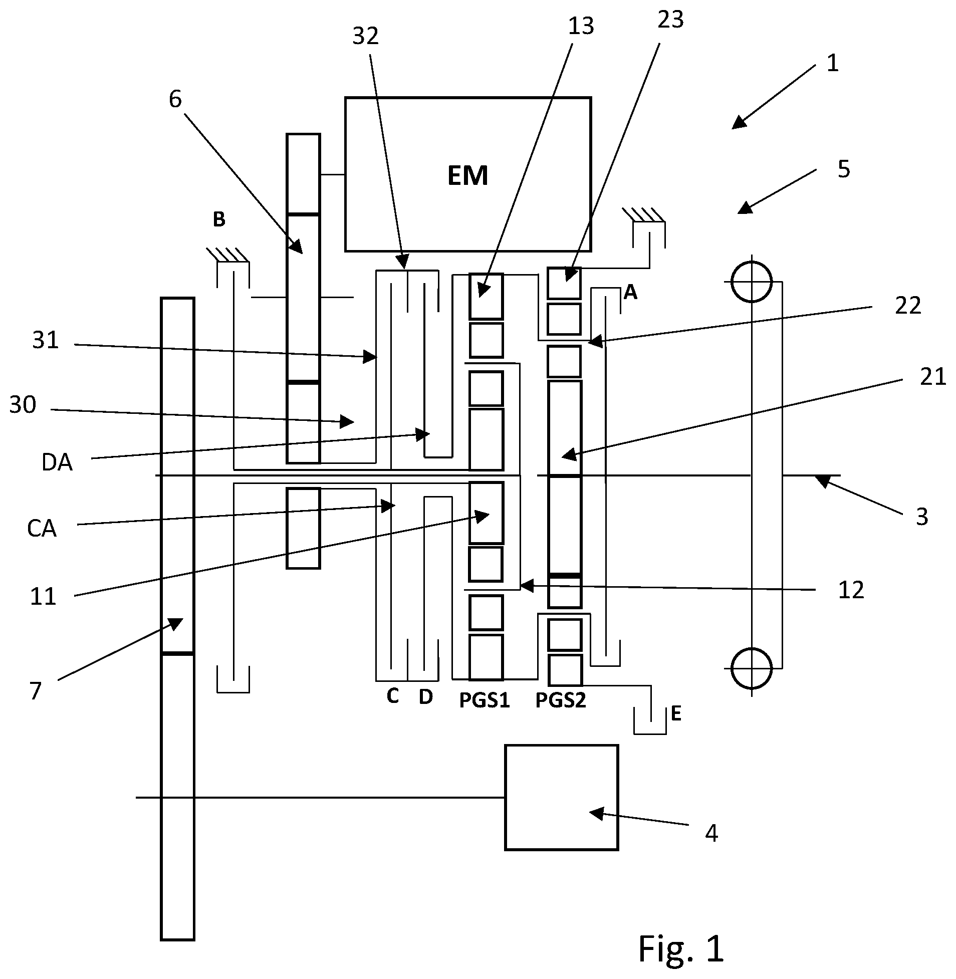 Patent US11787282 Figure 1 – Hybridised drivetrain and method for controlling said drivetrain