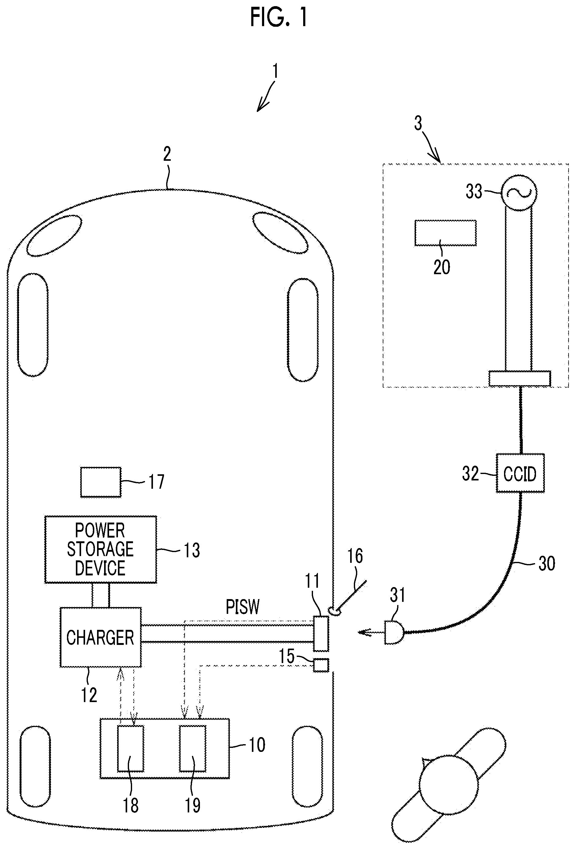 Patent US11787300 Figure 1 – Vehicle and charging system