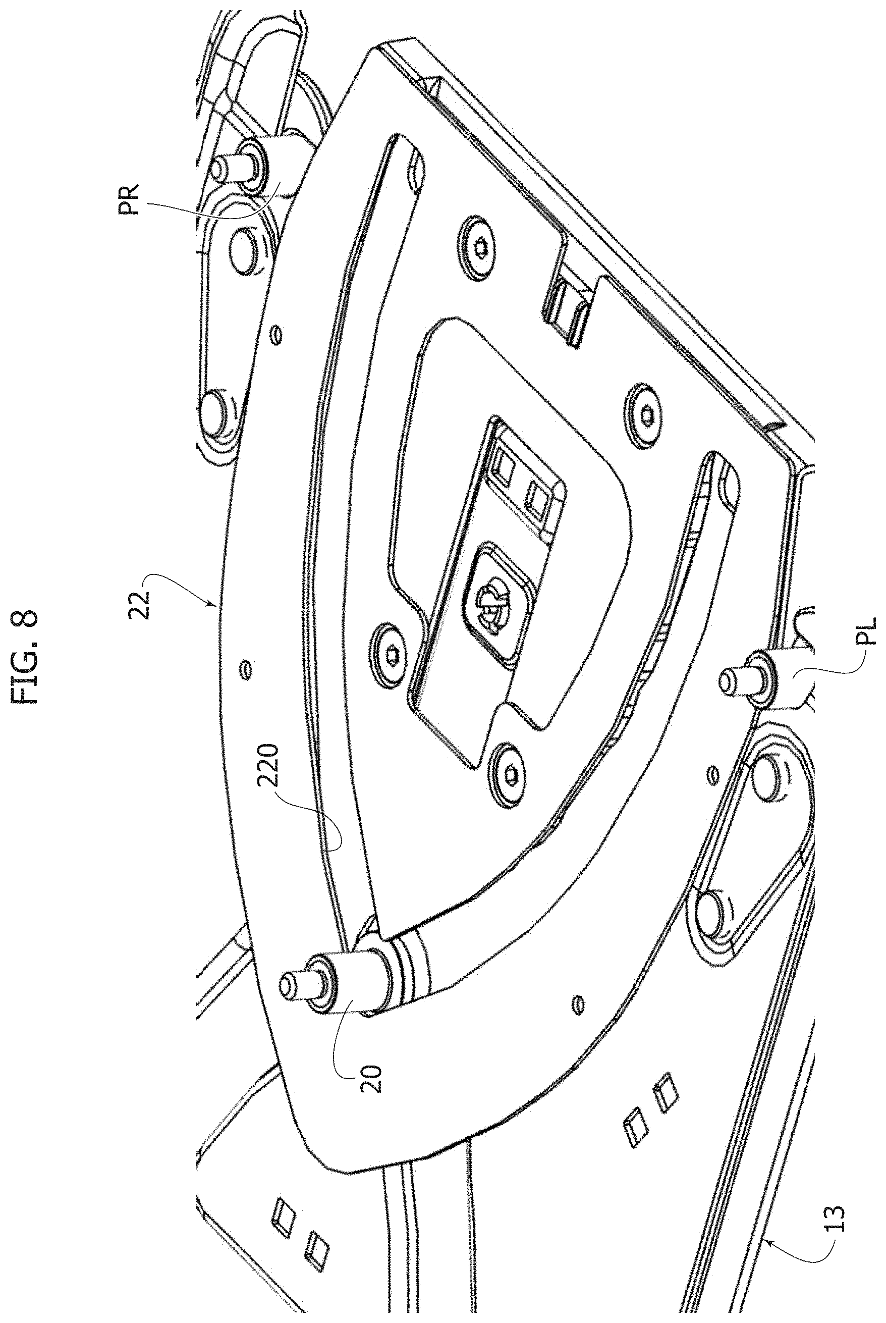 Patent US11787322 Figure 8 – Table unit for a motor-vehicle seat; motor-vehicle seat provided with this unit and motor-vehicle including this seat