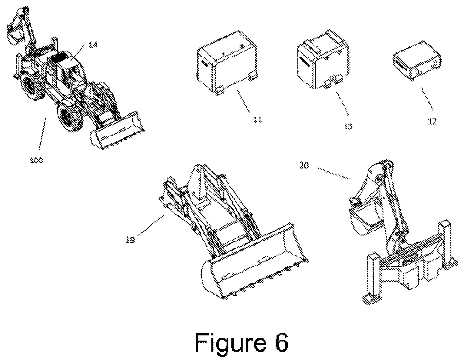 Patent US11787327 Figure 6 – Machine configuration system capable of different works by means of various components and equipments