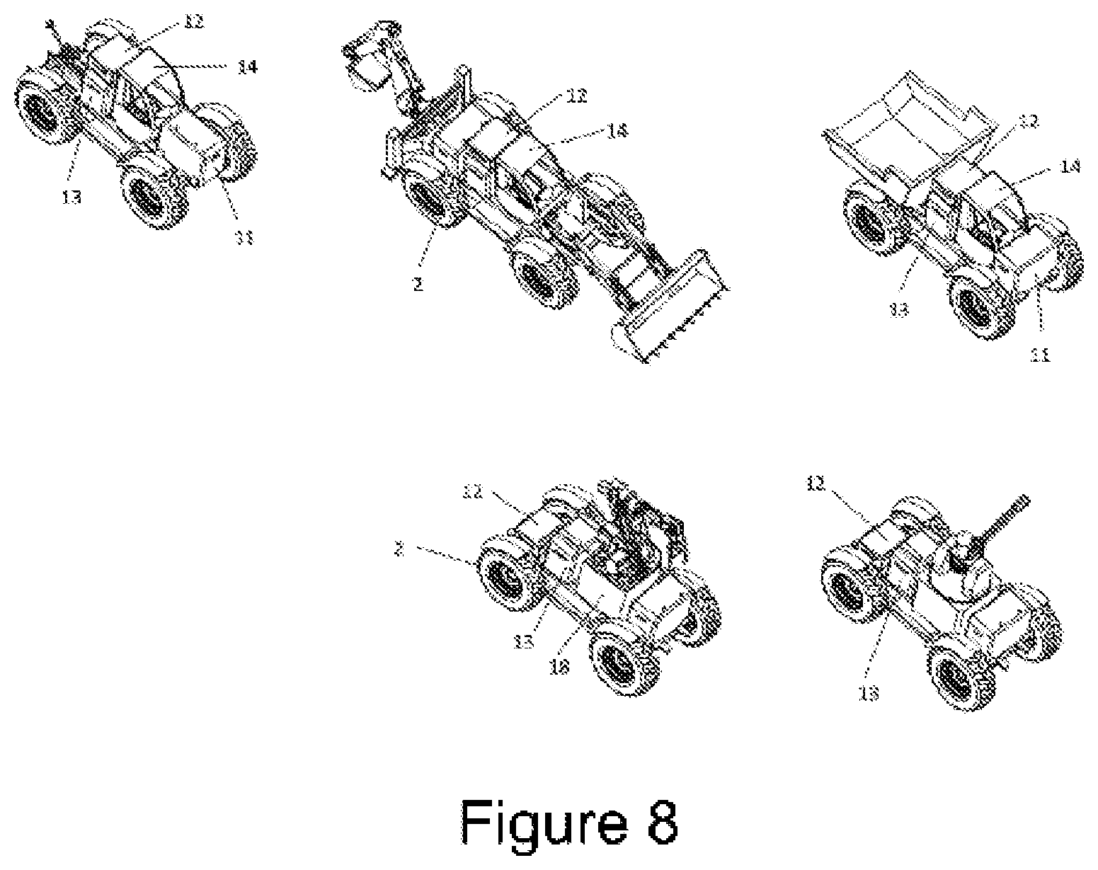 Patent US11787327 Figure 8 – Machine configuration system capable of different works by means of various components and equipments