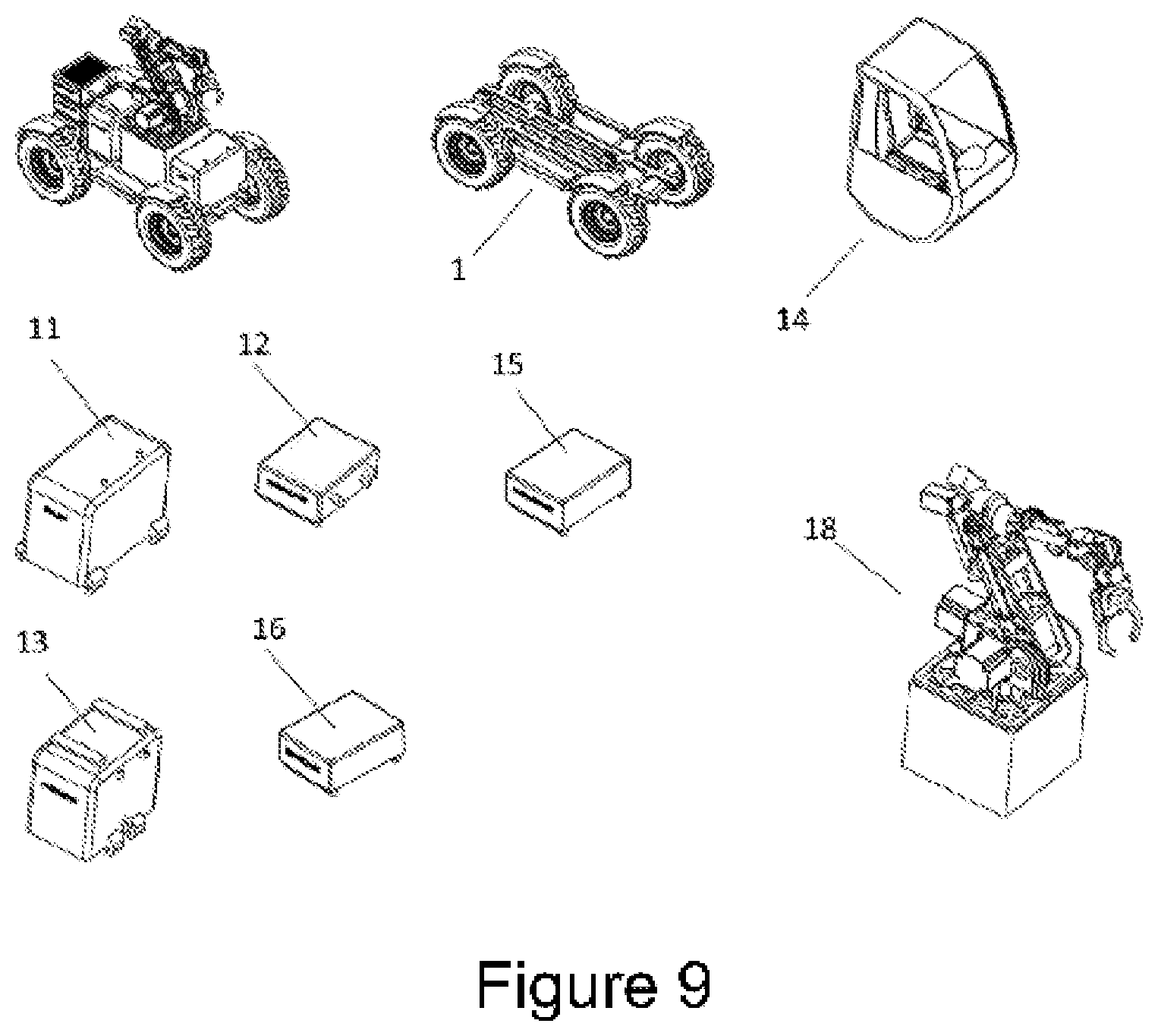 Patent US11787327 Figure 9 – Machine configuration system capable of different works by means of various components and equipments