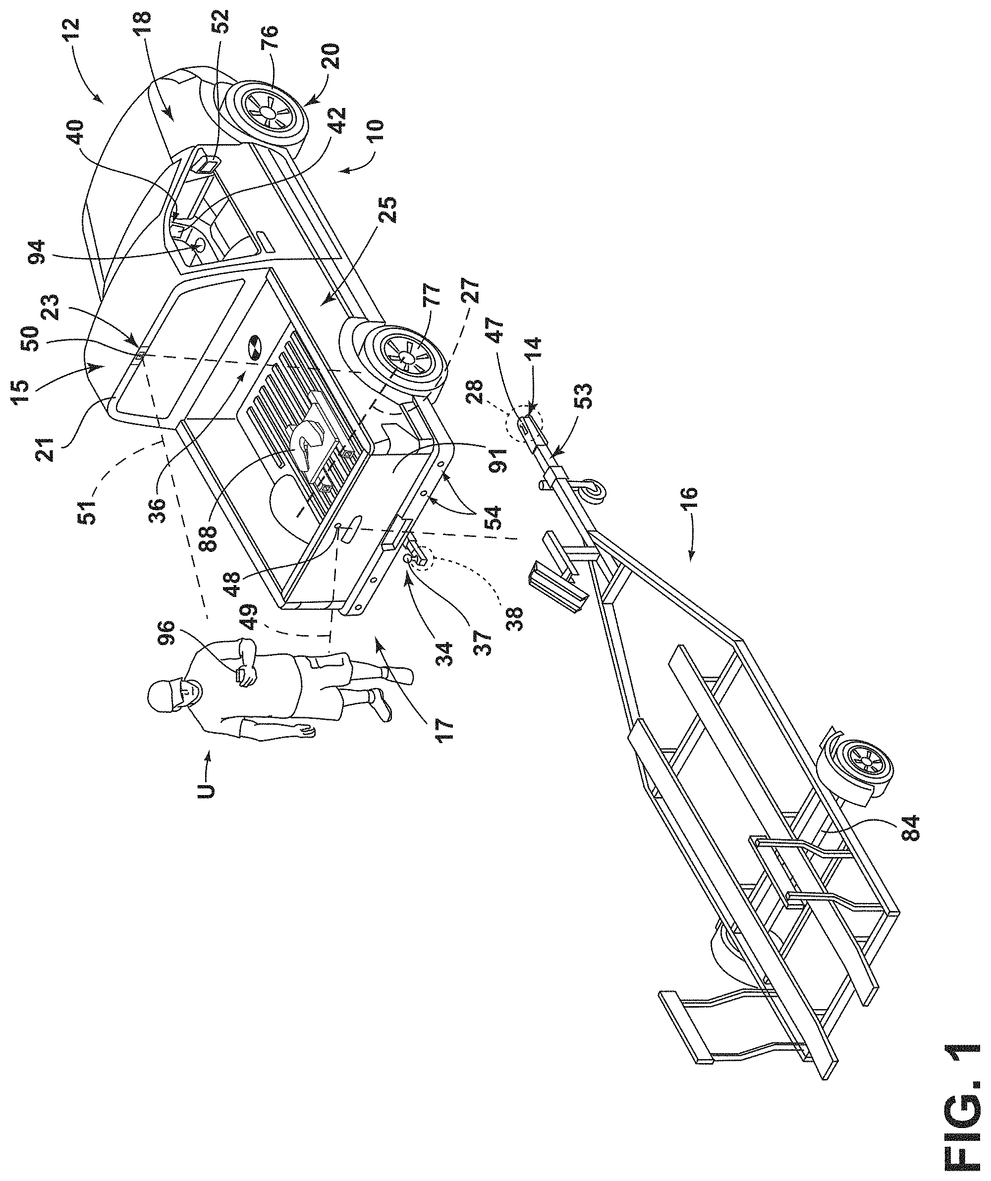 Patent US11787336 Figure 1 – Trailer hitching assistance system including trailer type identification and adaptive interface