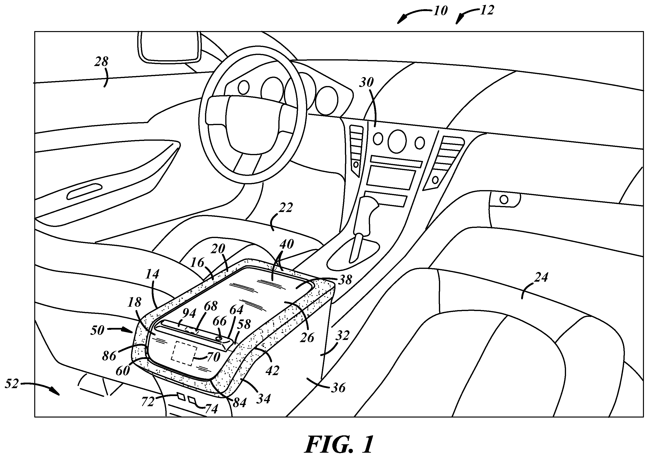 Patent US11787348 Figure 1 – Vehicle interior panel having a docking station for a mobile device
