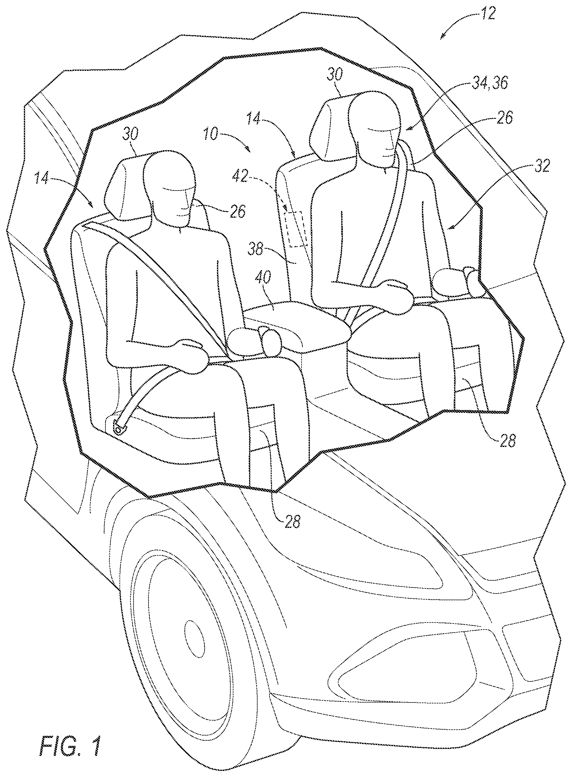 Patent US11787361 Figure 1 – Selectively inflatable airbag side chambers