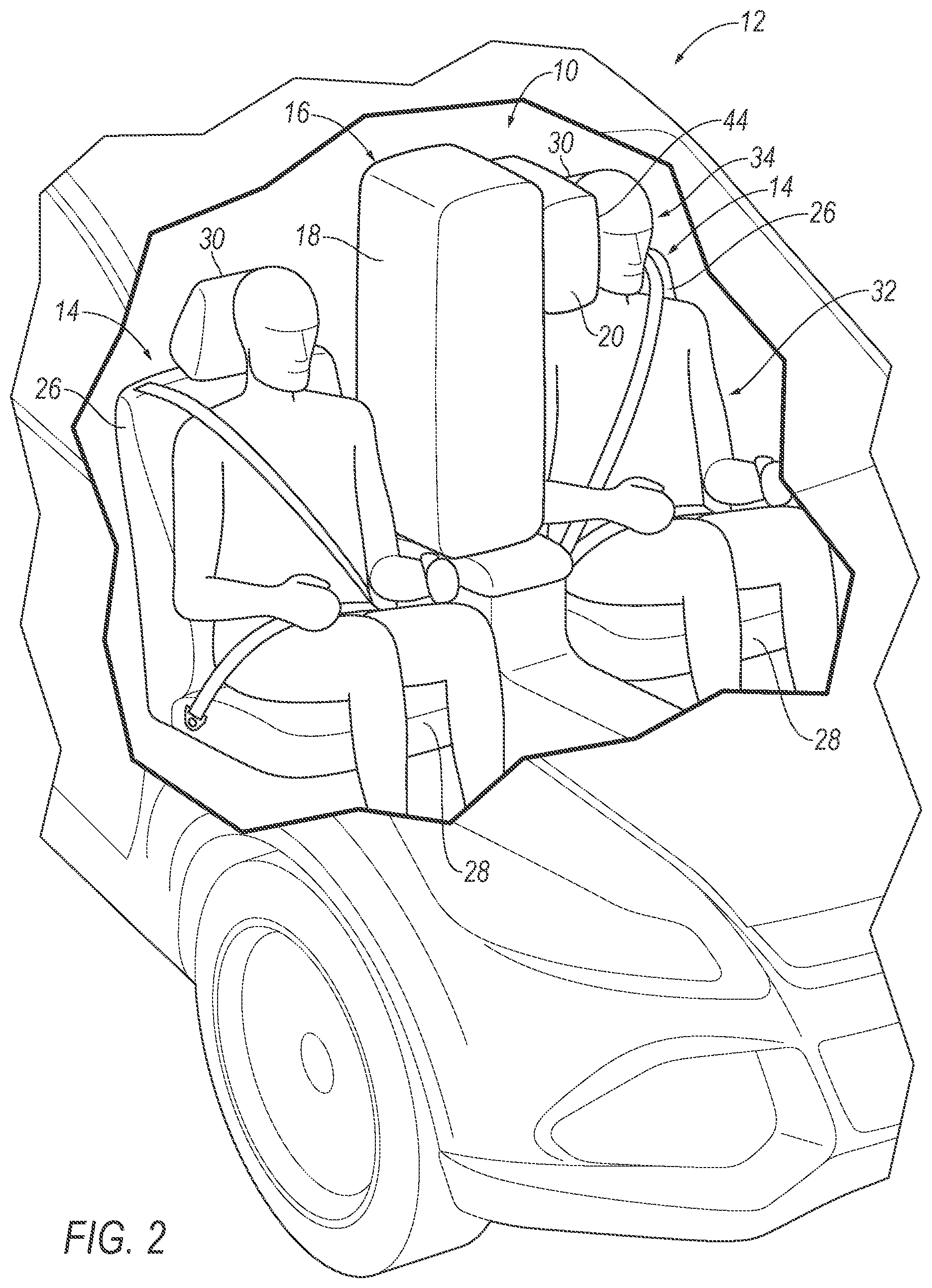 Patent US11787361 Figure 2 – Selectively inflatable airbag side chambers