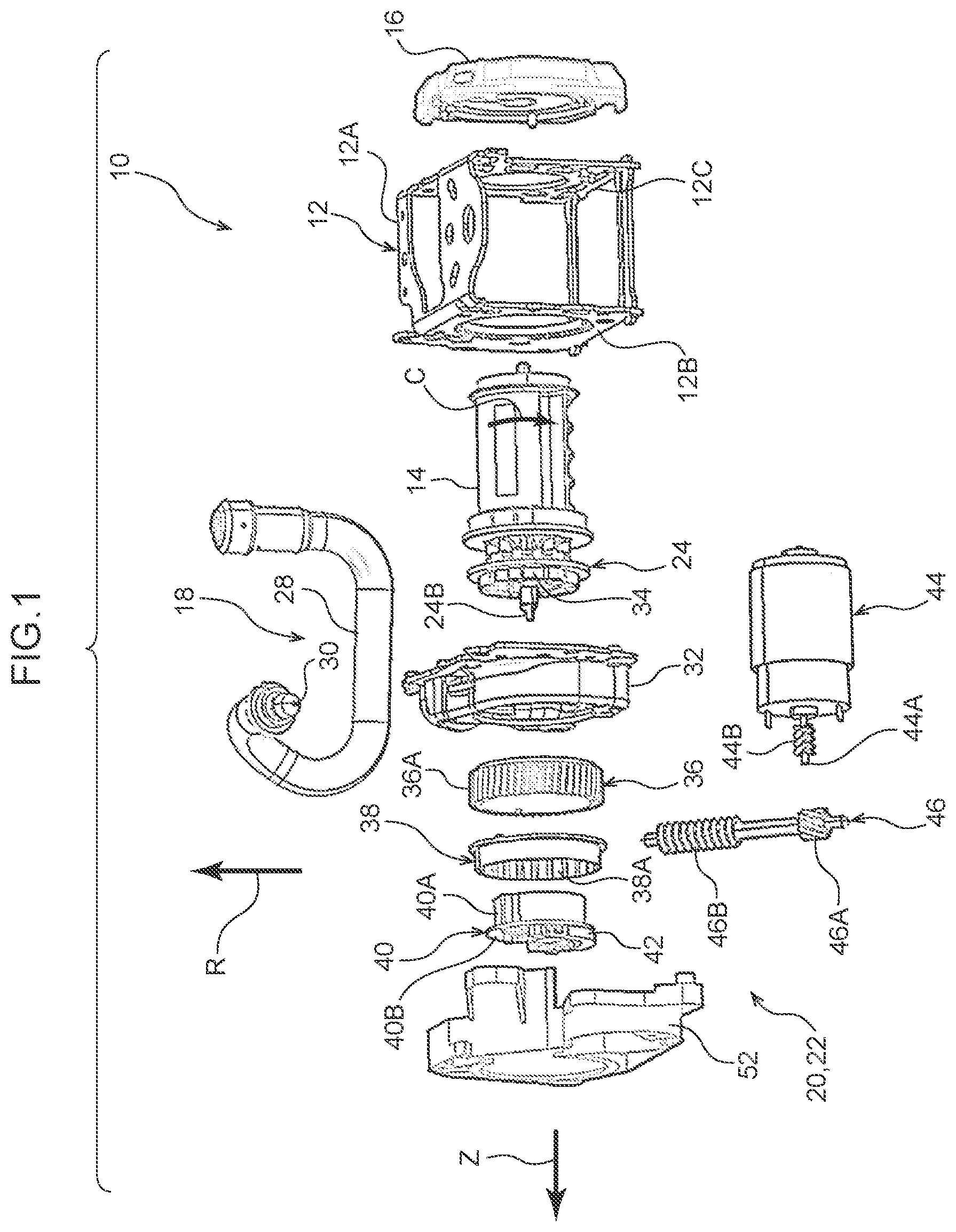 Patent US11787363 Figure 1 – Webbing take-up device