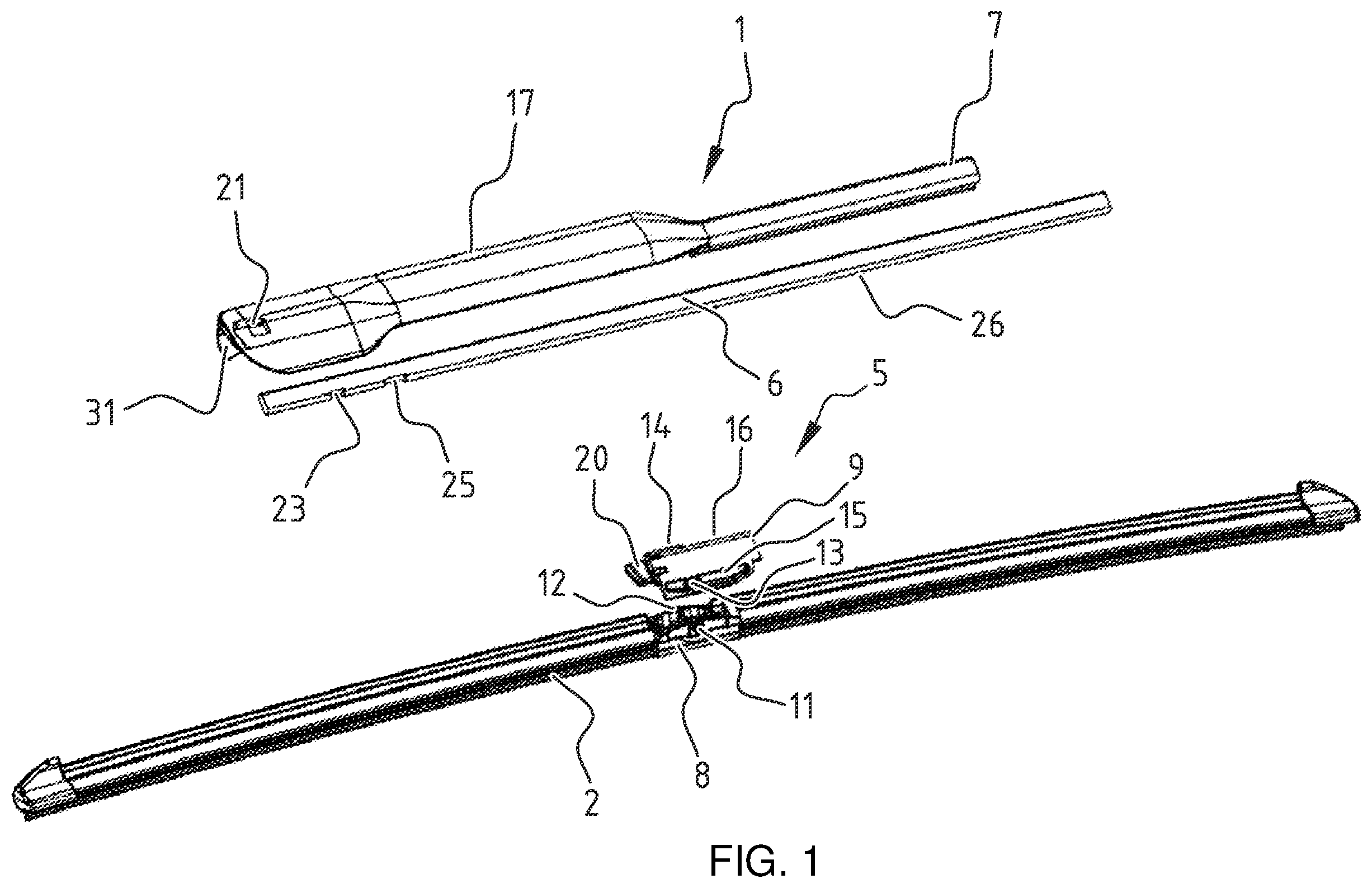 Patent US11787369 Figure 1 – Windscreen wiper device of the flat blade type