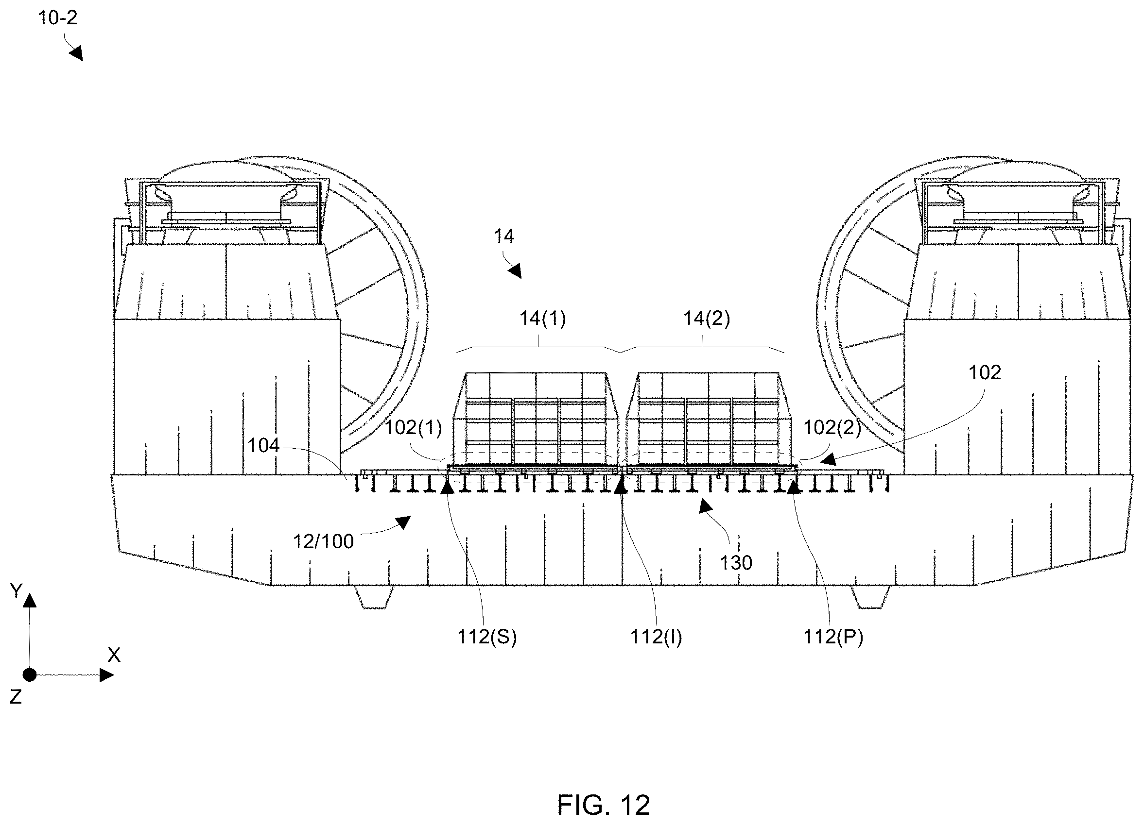 Patent US11787383 Figure 9 – Utilizing a multi-track cargo handling assembly on an amphibious air-cushion vehicle