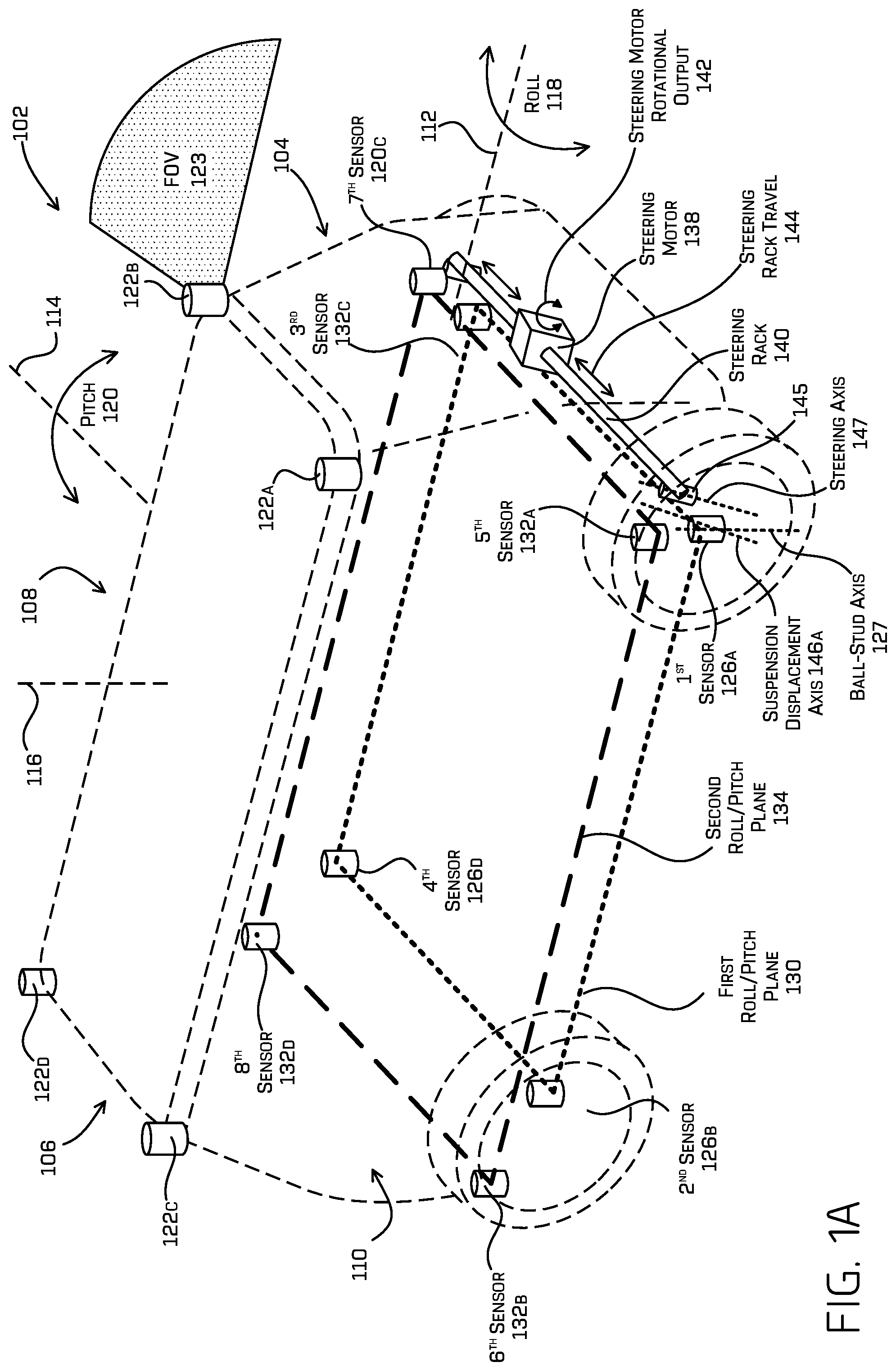 Patent US11787393 Figure 1 – Determining vehicle ride height using a ball joint sensor