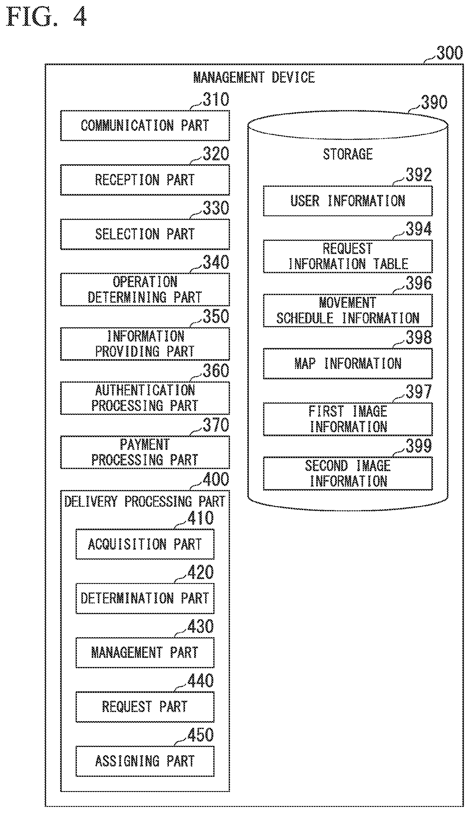 Patent US11787444 Figure 4 – Management device, transportation system, management method, and recording medium