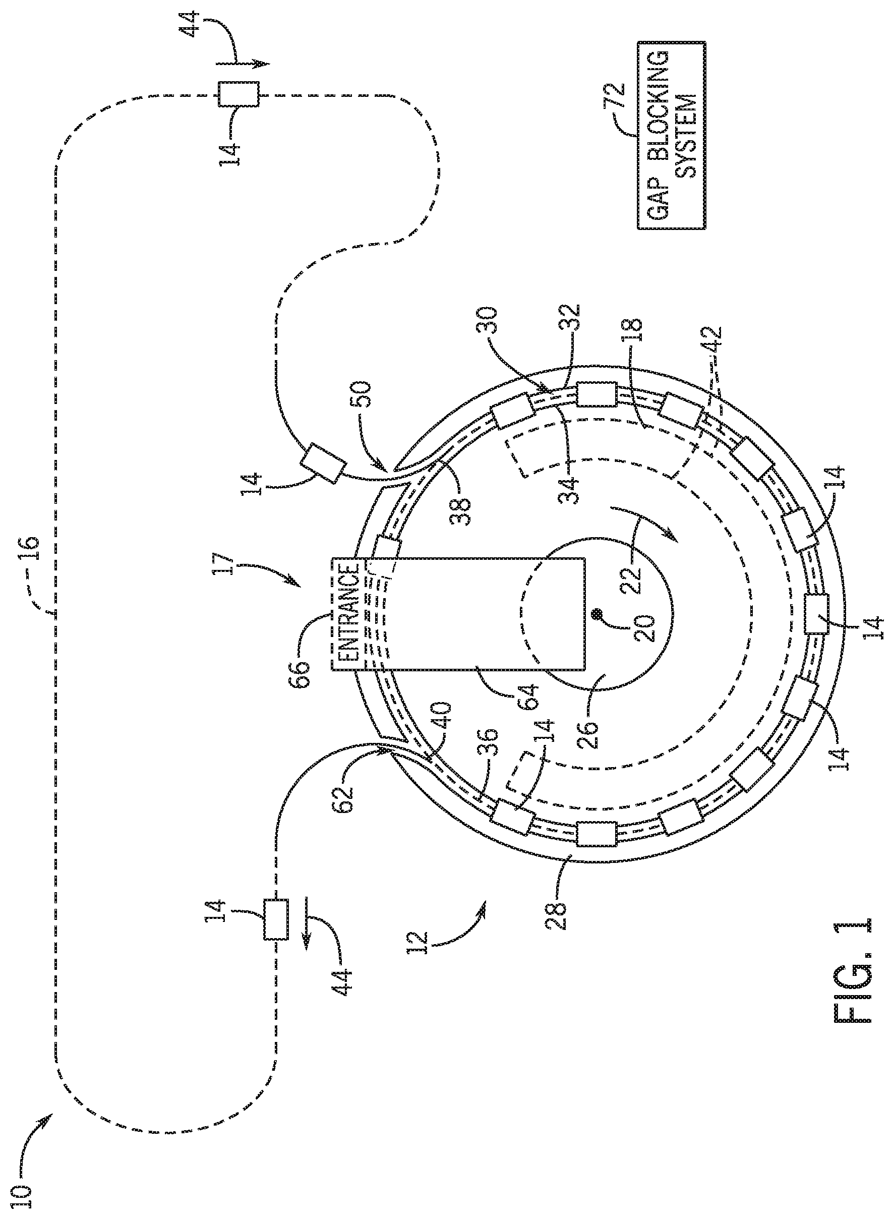 Patent US11787447 Figure 1 – Gap blocking systems and methods for amusement park attractions