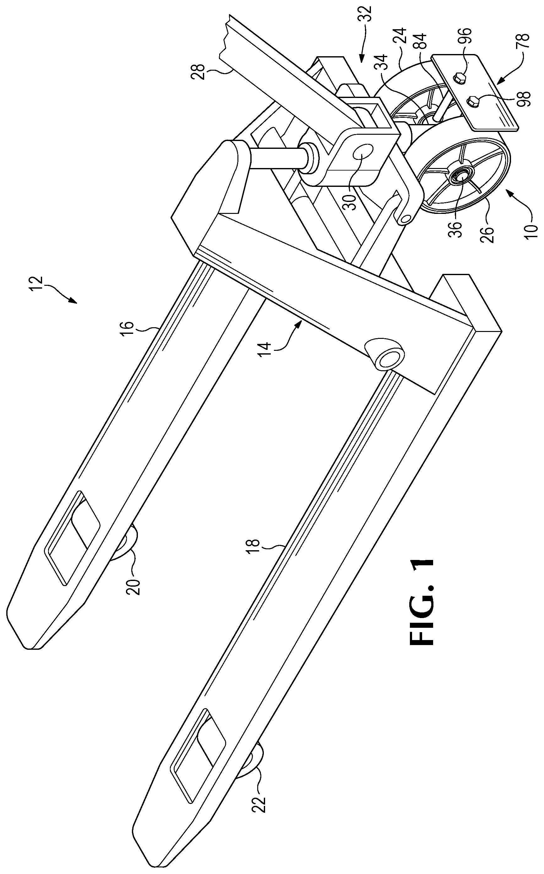 Patent US11787457 Figure 1 – Pallet truck wheel guard assembly