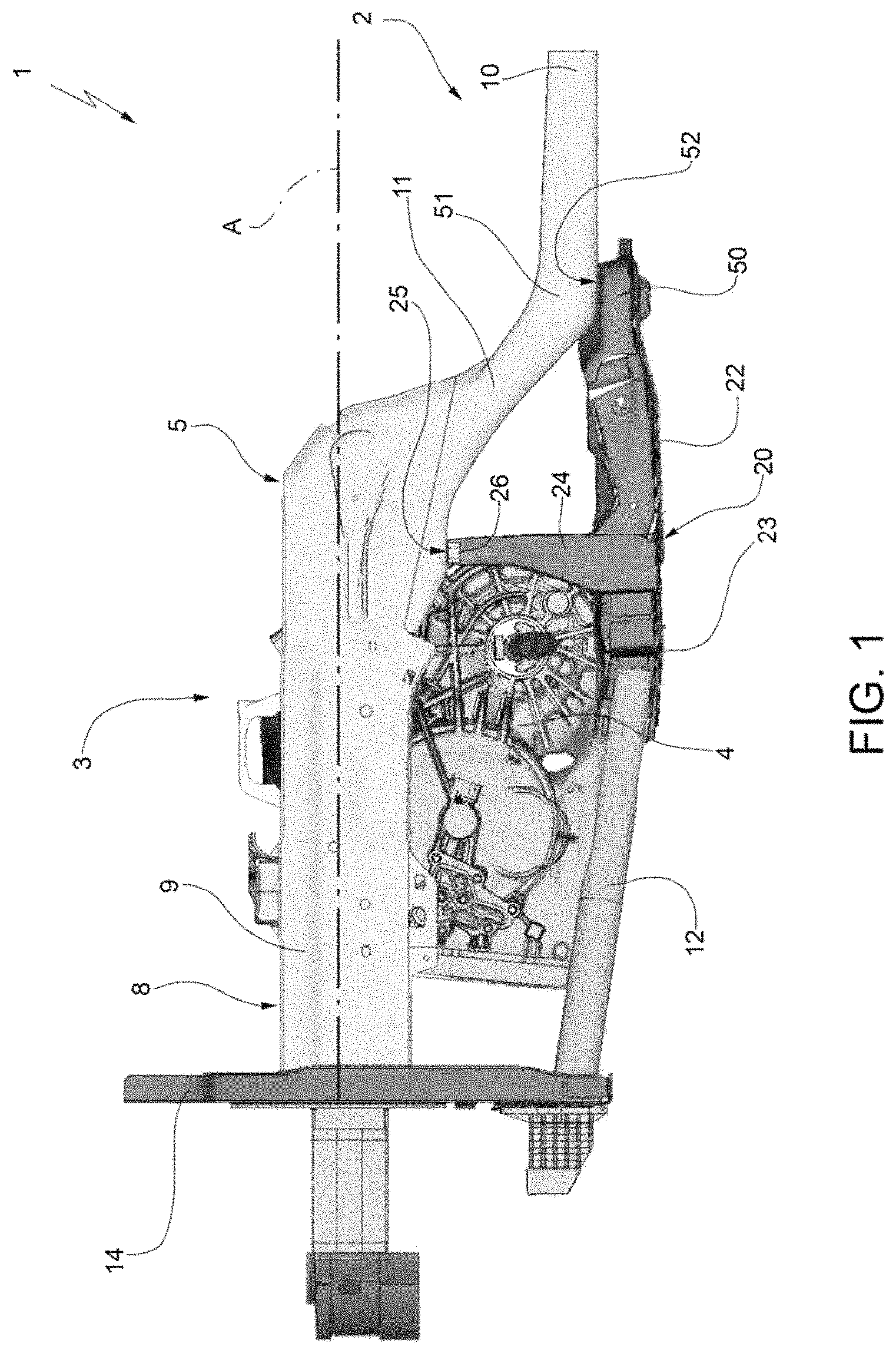 Patent US11787476 Figure 1 – Motor vehicle provided with a release system to detach a crossbar in the engine compartment in the event of a frontal collision