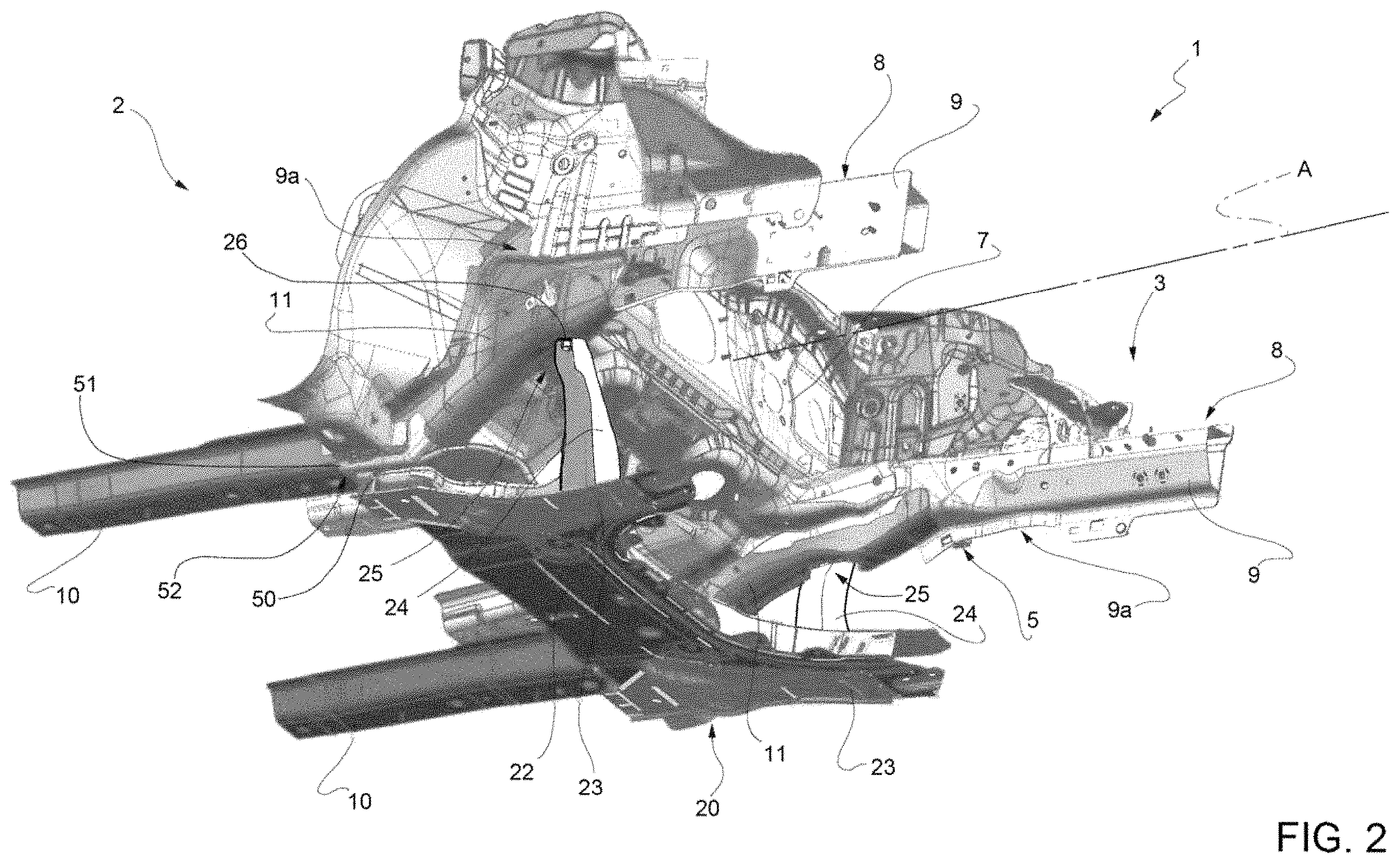 Patent US11787476 Figure 2 – Motor vehicle provided with a release system to detach a crossbar in the engine compartment in the event of a frontal collision
