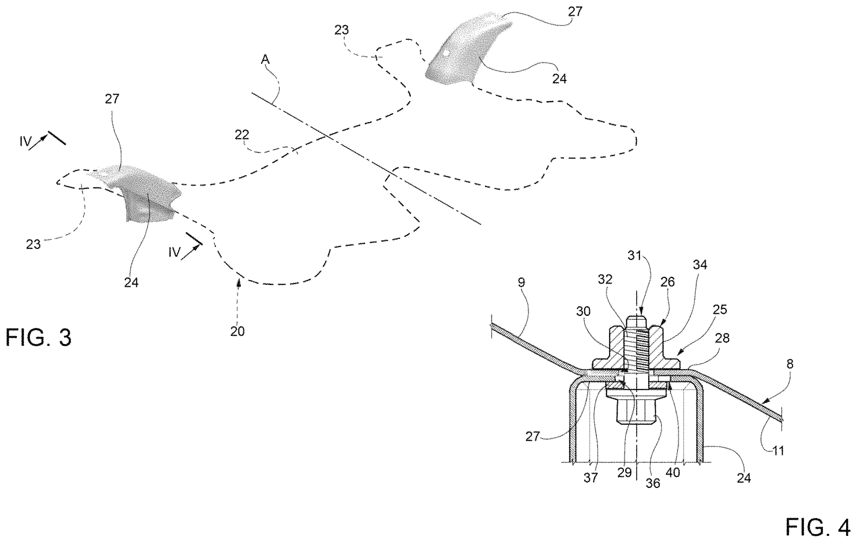 Patent US11787476 Figure 3 – Motor vehicle provided with a release system to detach a crossbar in the engine compartment in the event of a frontal collision