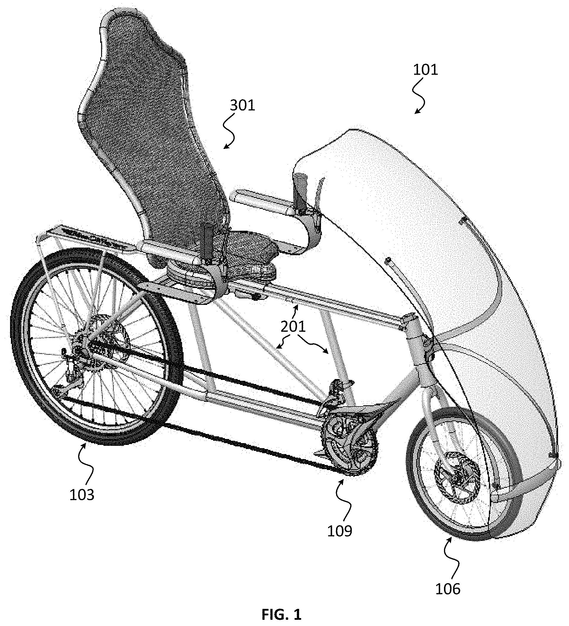 Patent US11787497 — Semi-recumbent bicycle with integrated seat and steering system — Figure 1