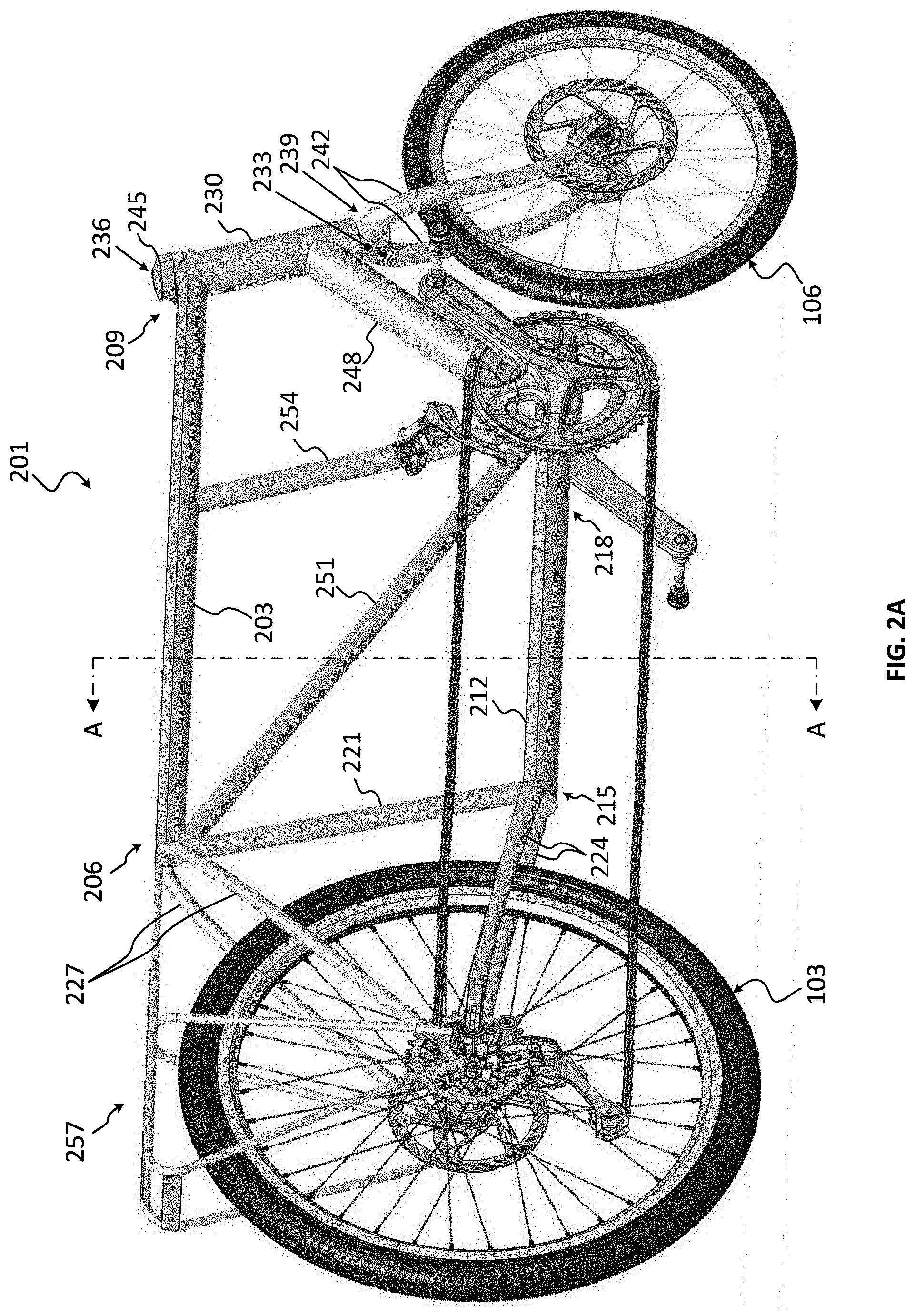 Patent US11787497 Figure 2 – Semi-recumbent bicycle with integrated seat and steering system