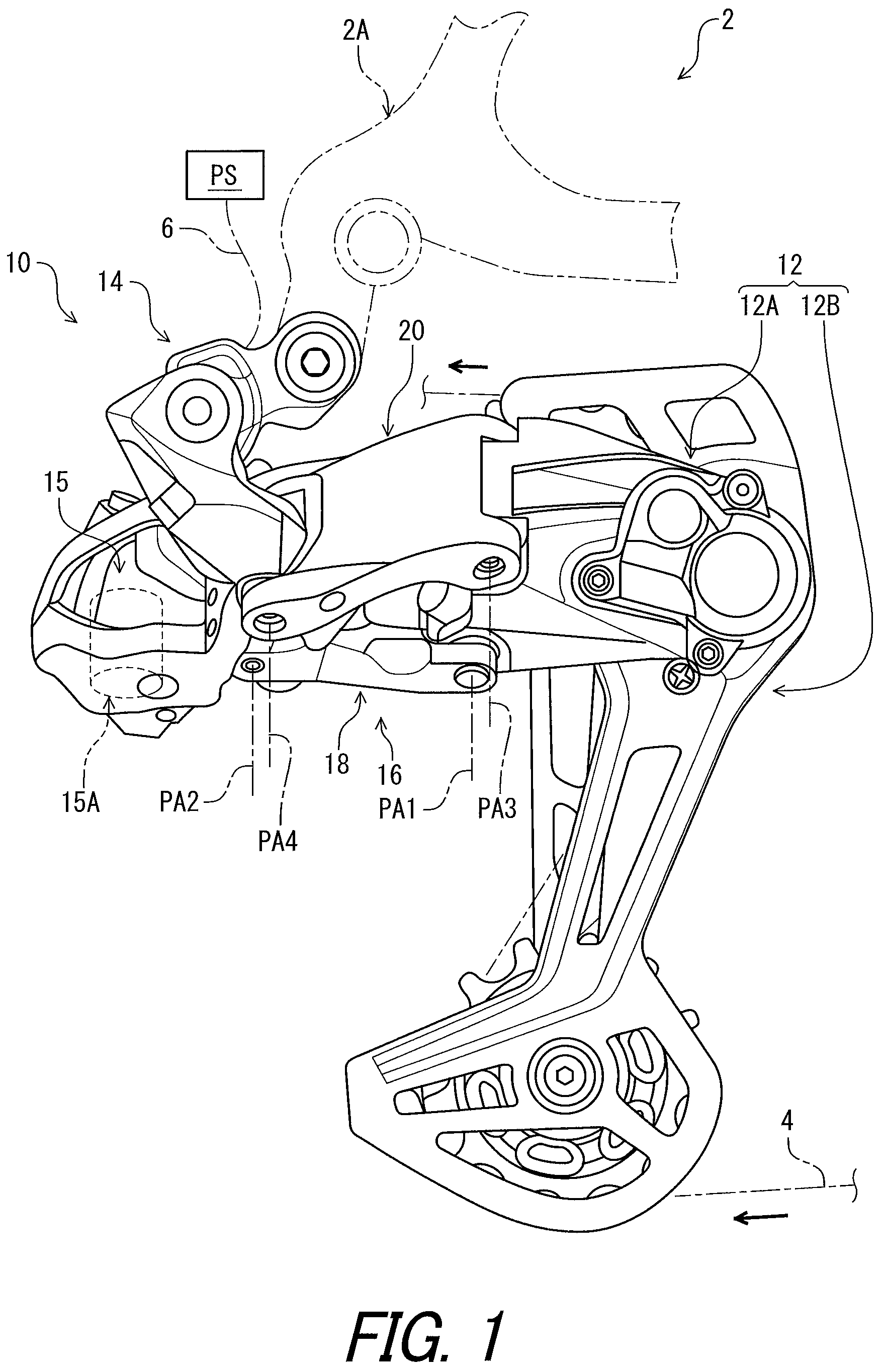 Patent US11787505 — Linkage and derailleur for human-powered vehicle — Figure 1