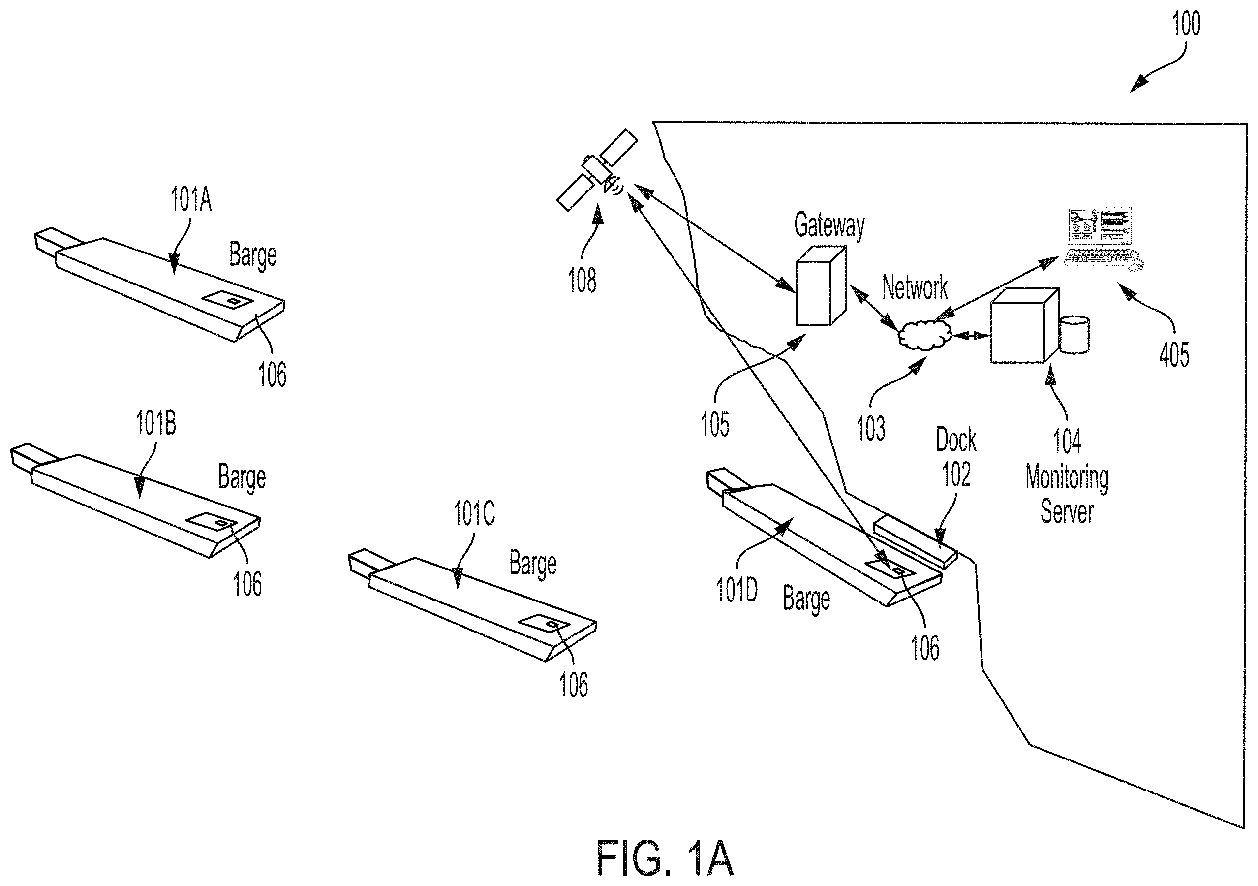 Patent US11787515 Figure 1 – Barge offloading monitoring systems, methods, and kit