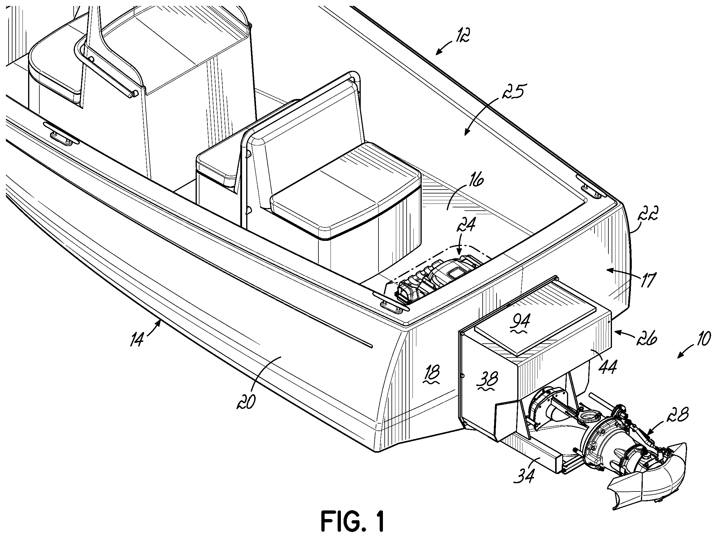 Patent US11787520 Figure 1 – Jet pump assembly and method of securing jet pump assembly to boat hull