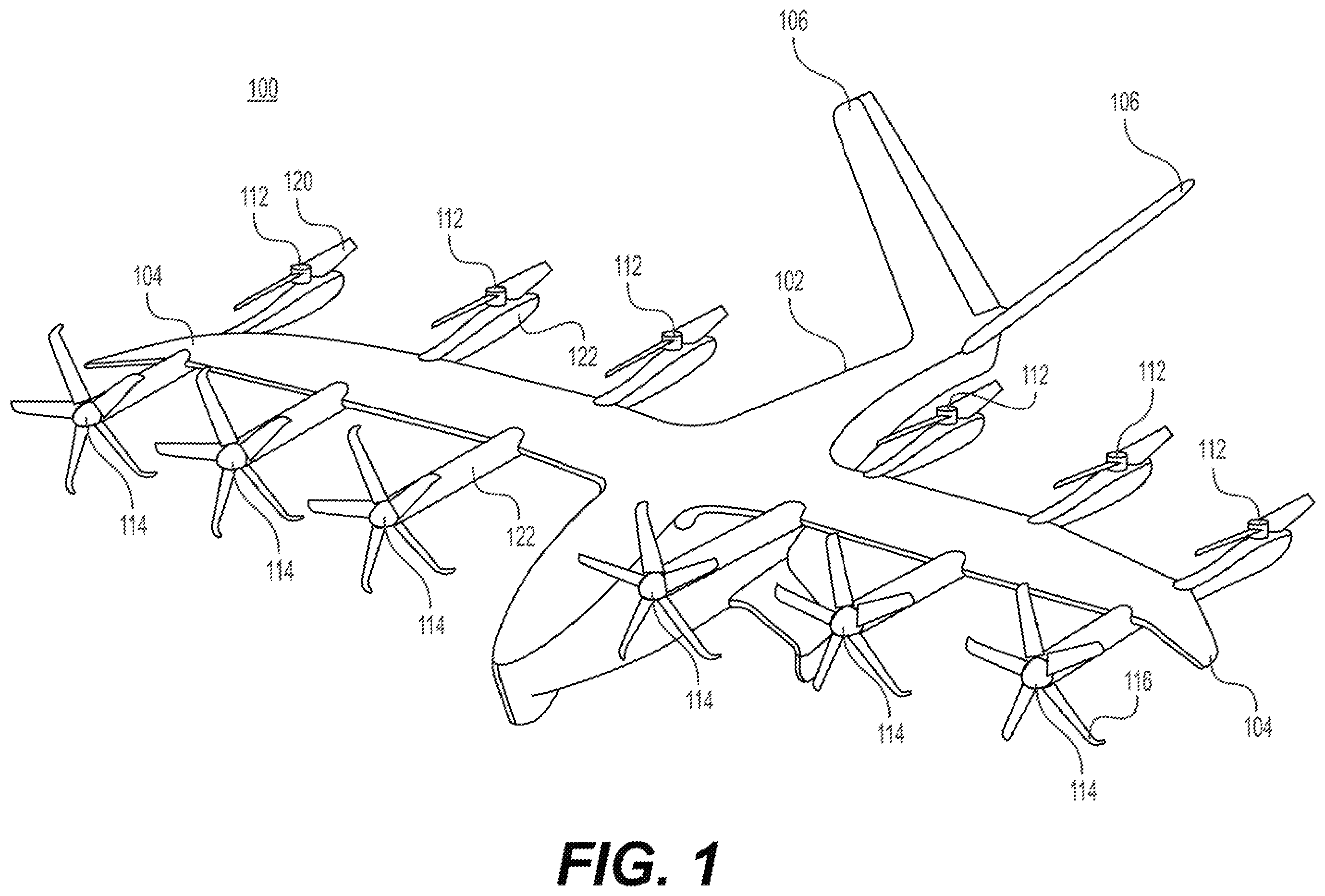 Patent US11787551 Figure 1 – Vertical takeoff and landing aircraft electric engine configuration