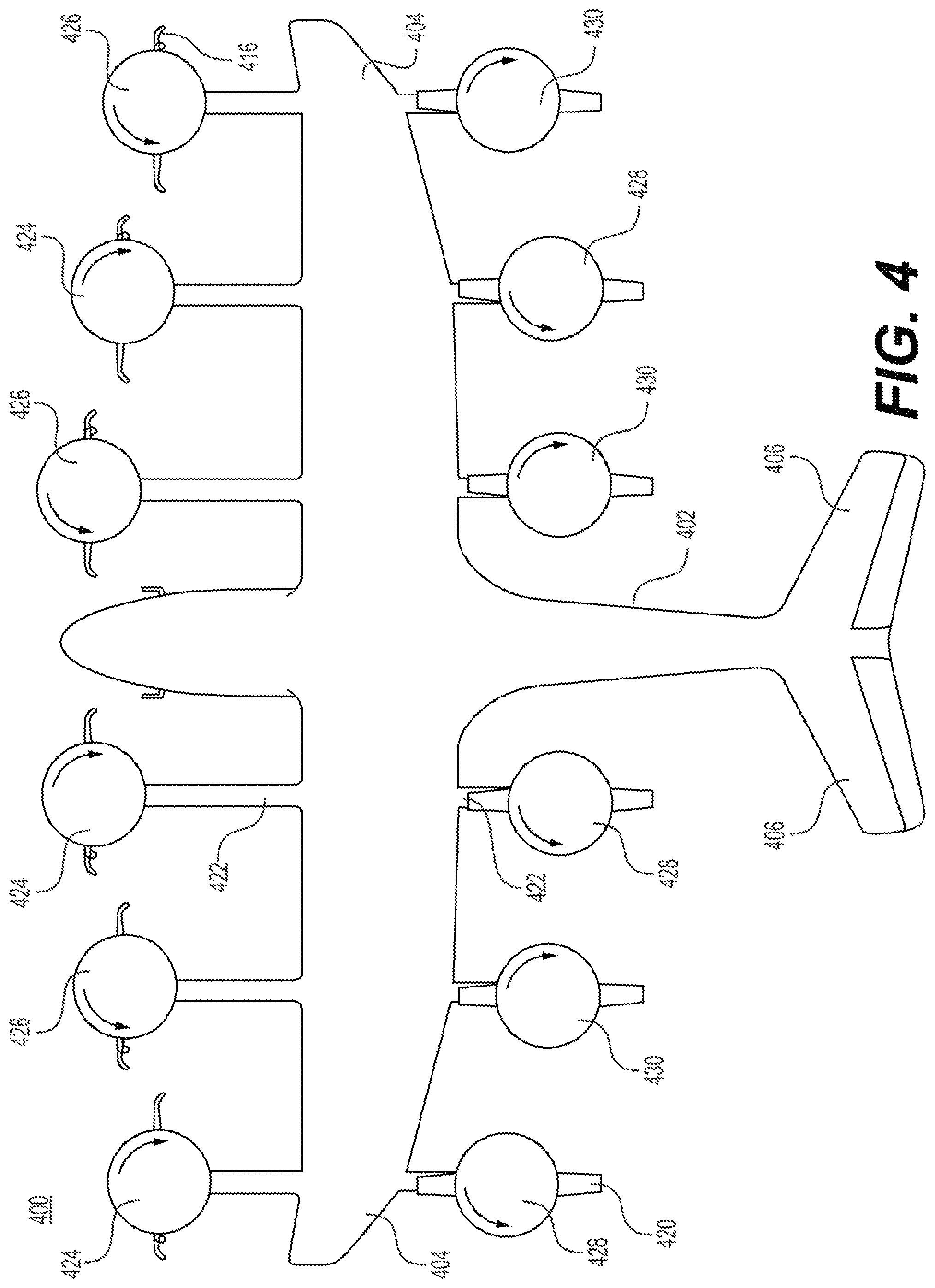 Patent US11787551 Figure 4 – Vertical takeoff and landing aircraft electric engine configuration