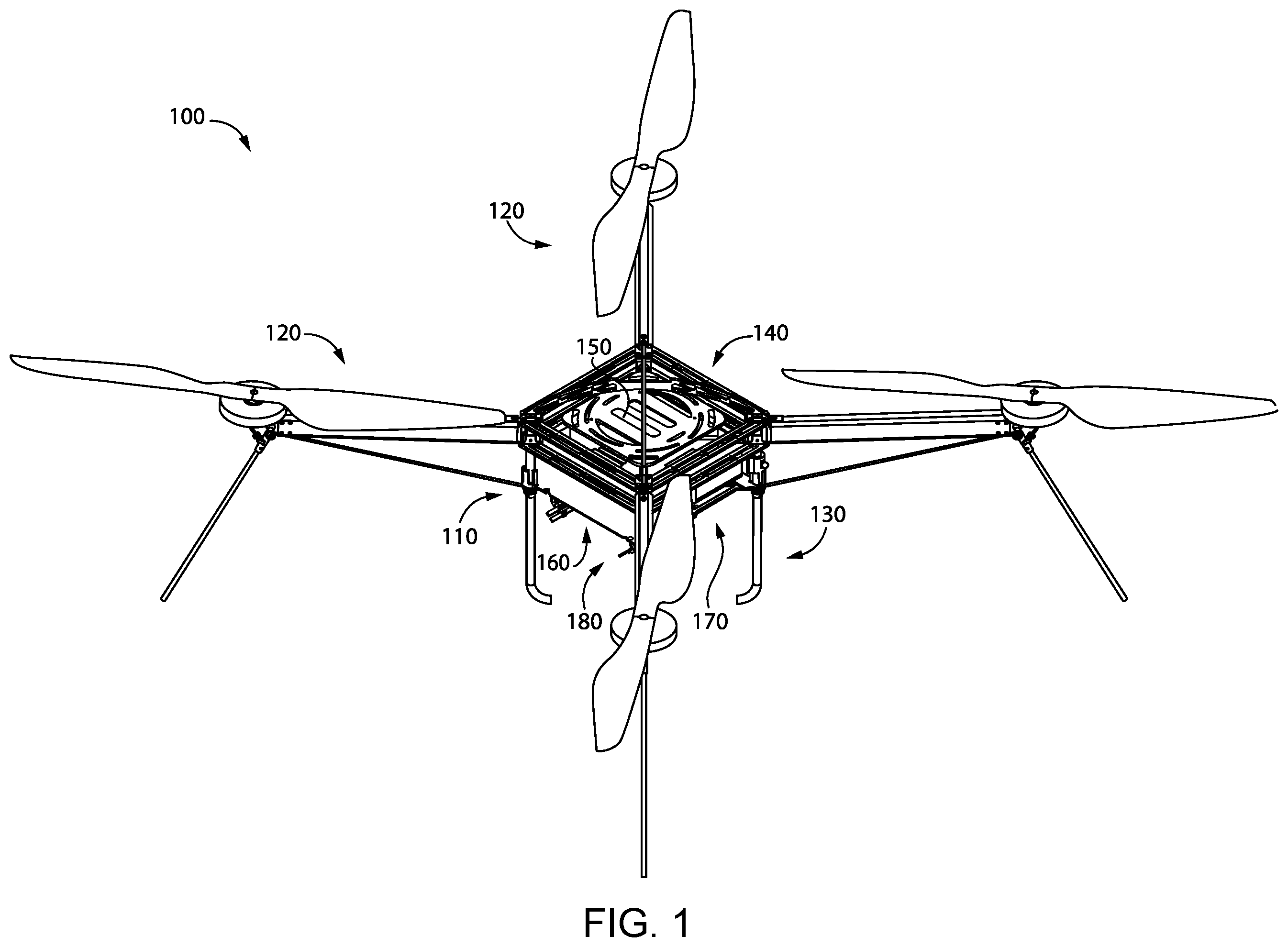 Patent US11787563 — Unmanned aerial vehicle including equipment mounted in recessed seat of apex support structure — Figure 1