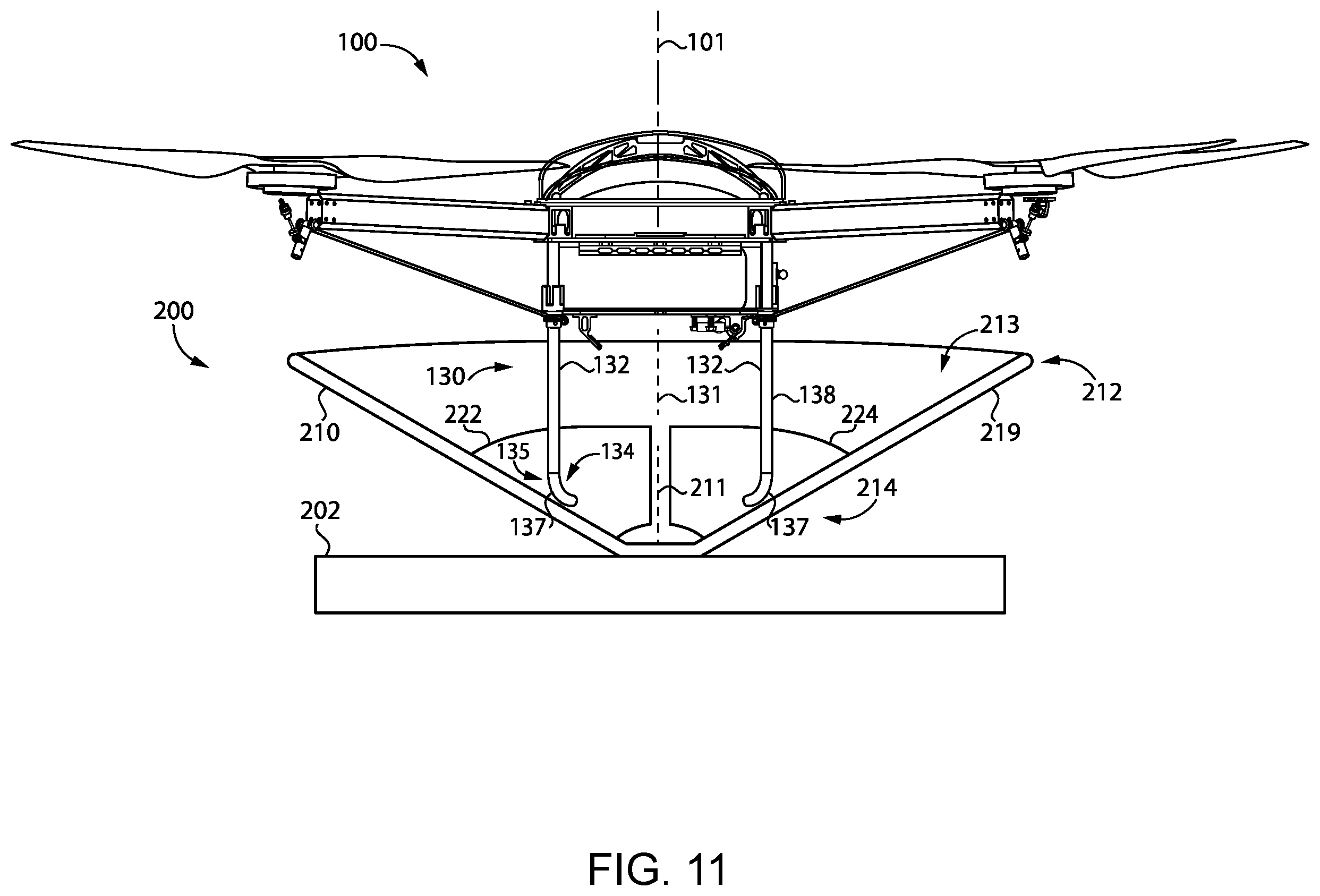 Patent US11787563 Figure 10 – Unmanned aerial vehicle including equipment mounted in recessed seat of apex support structure