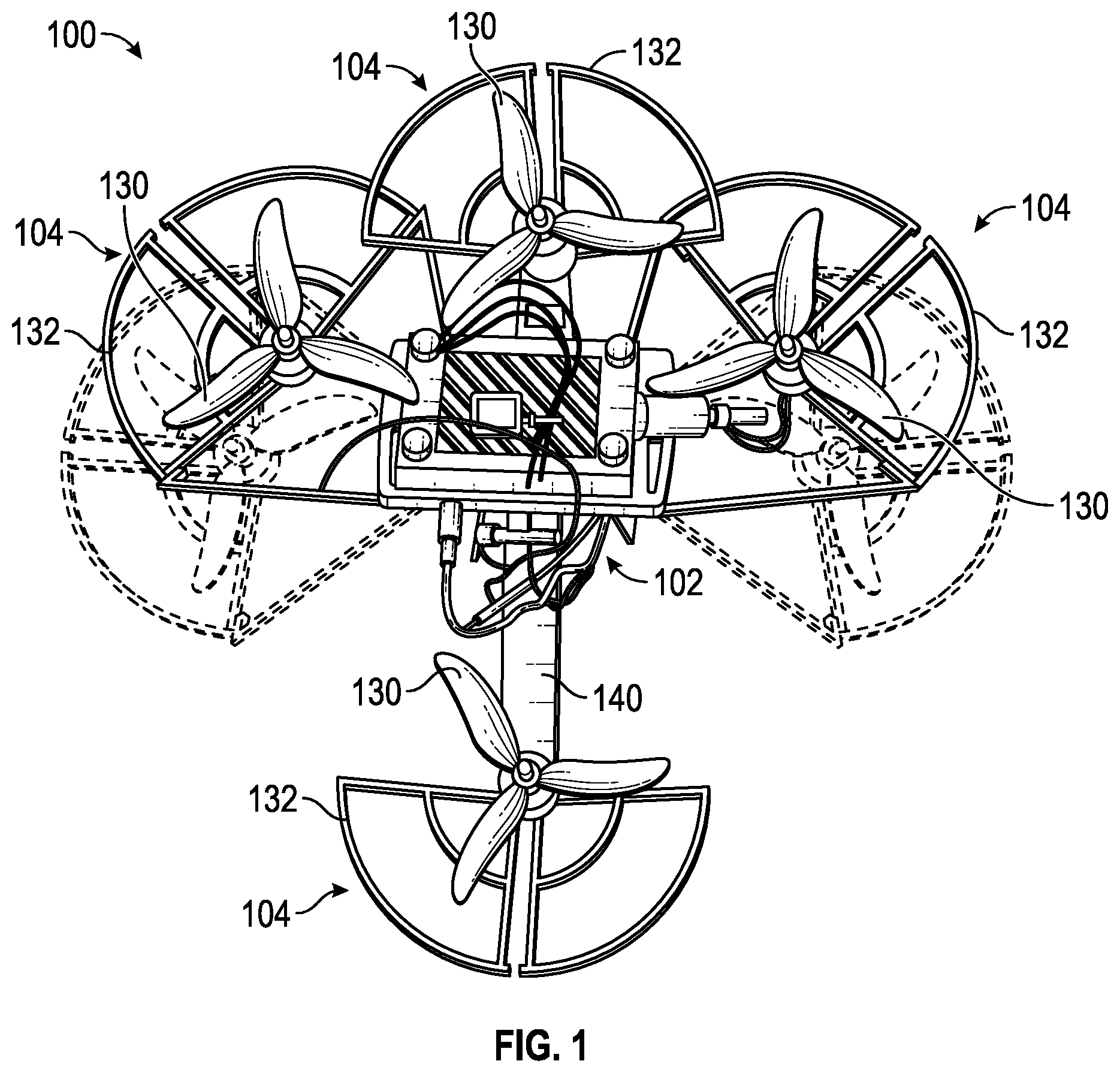 Patent US11787574 Figure 1 – Systems and methods for a spring-augmented quadrotor for interactions with constrained environments