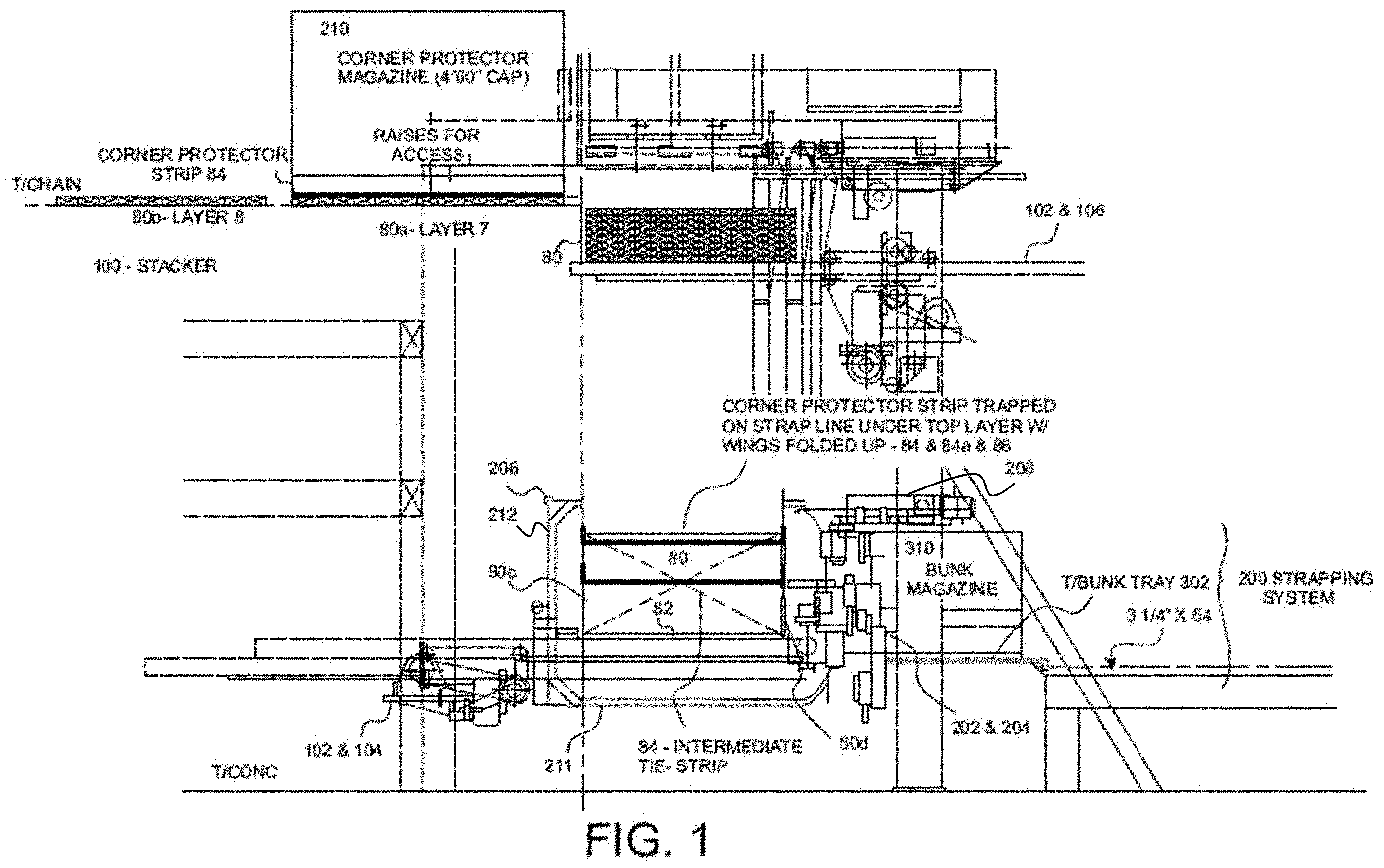 Patent US11787584 Figure 1 – Stacking and strapping system for lumber packages