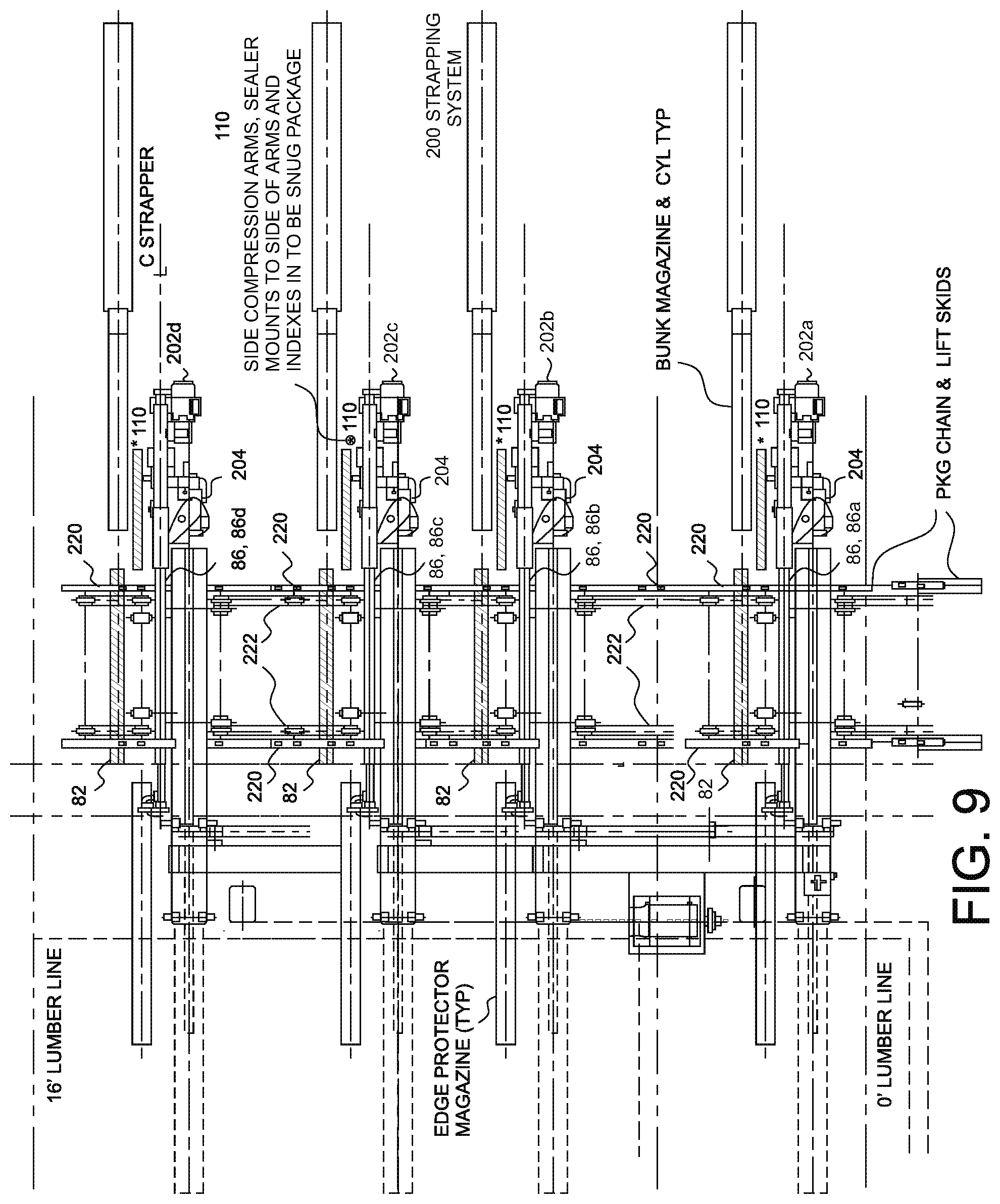 Patent US11787584 Figure 15 – Stacking and strapping system for lumber packages
