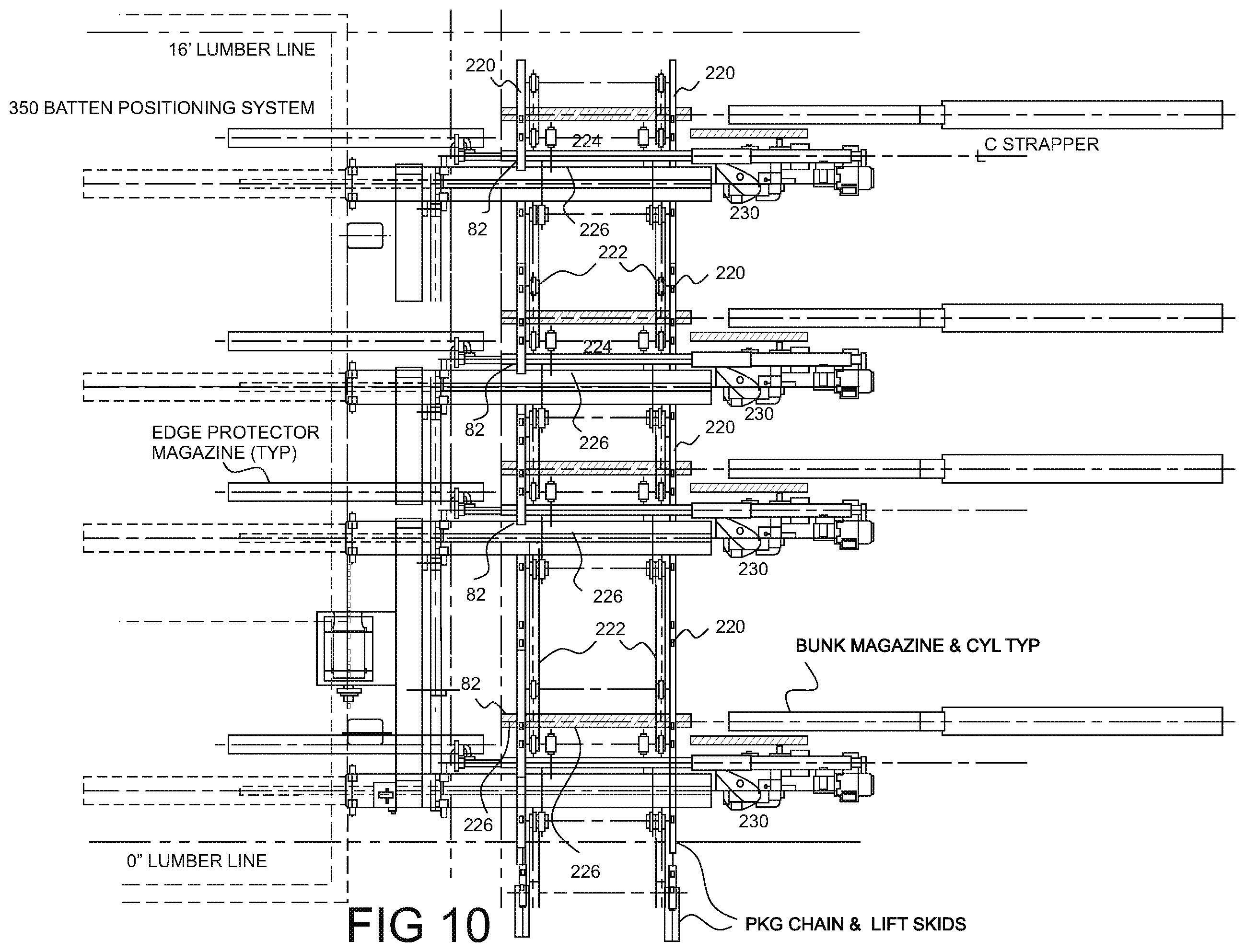 Patent US11787584 Figure 16 – Stacking and strapping system for lumber packages