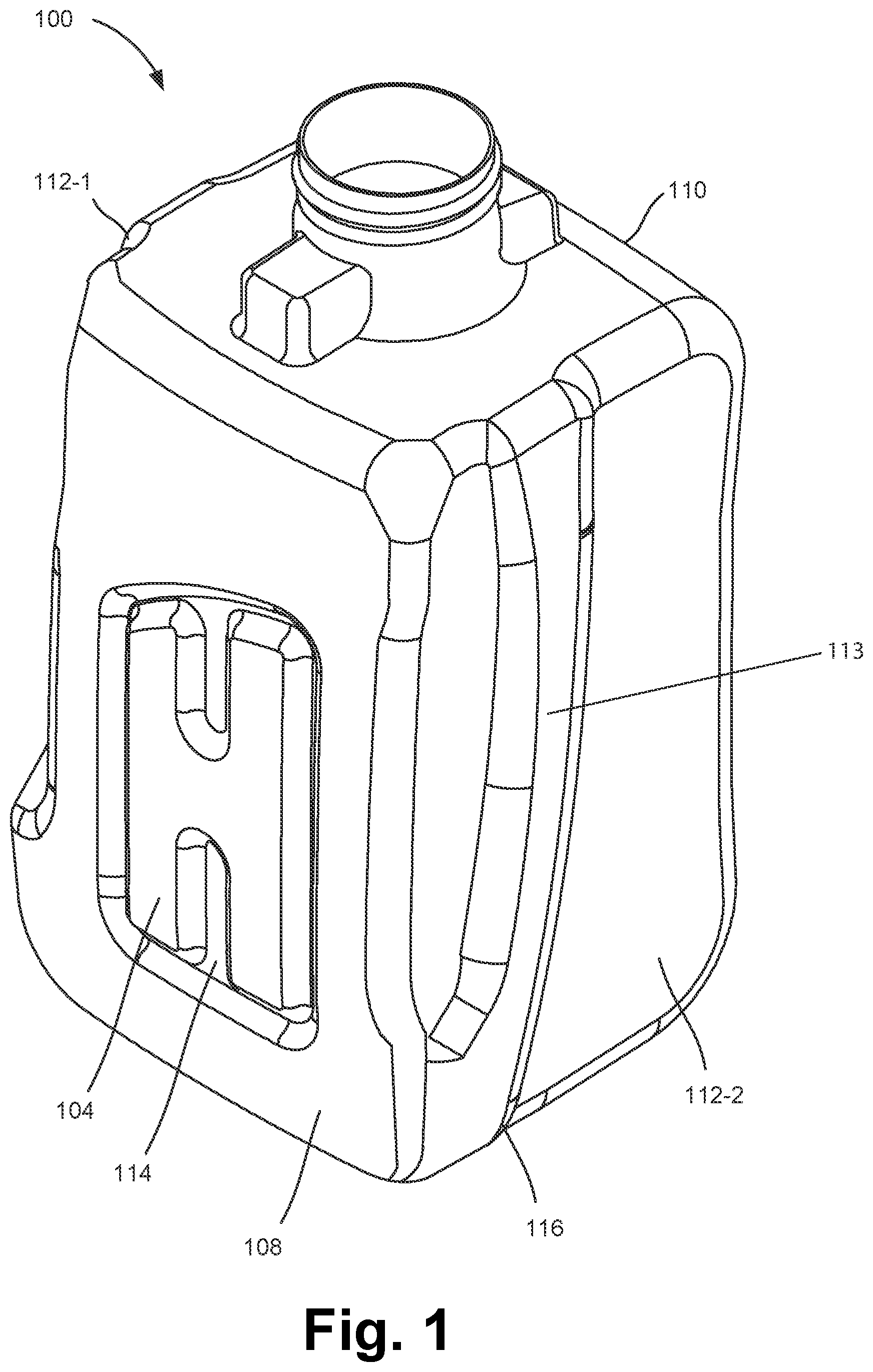 Patent US11787591 Figure 1 – Composition container with front surface preserving recess