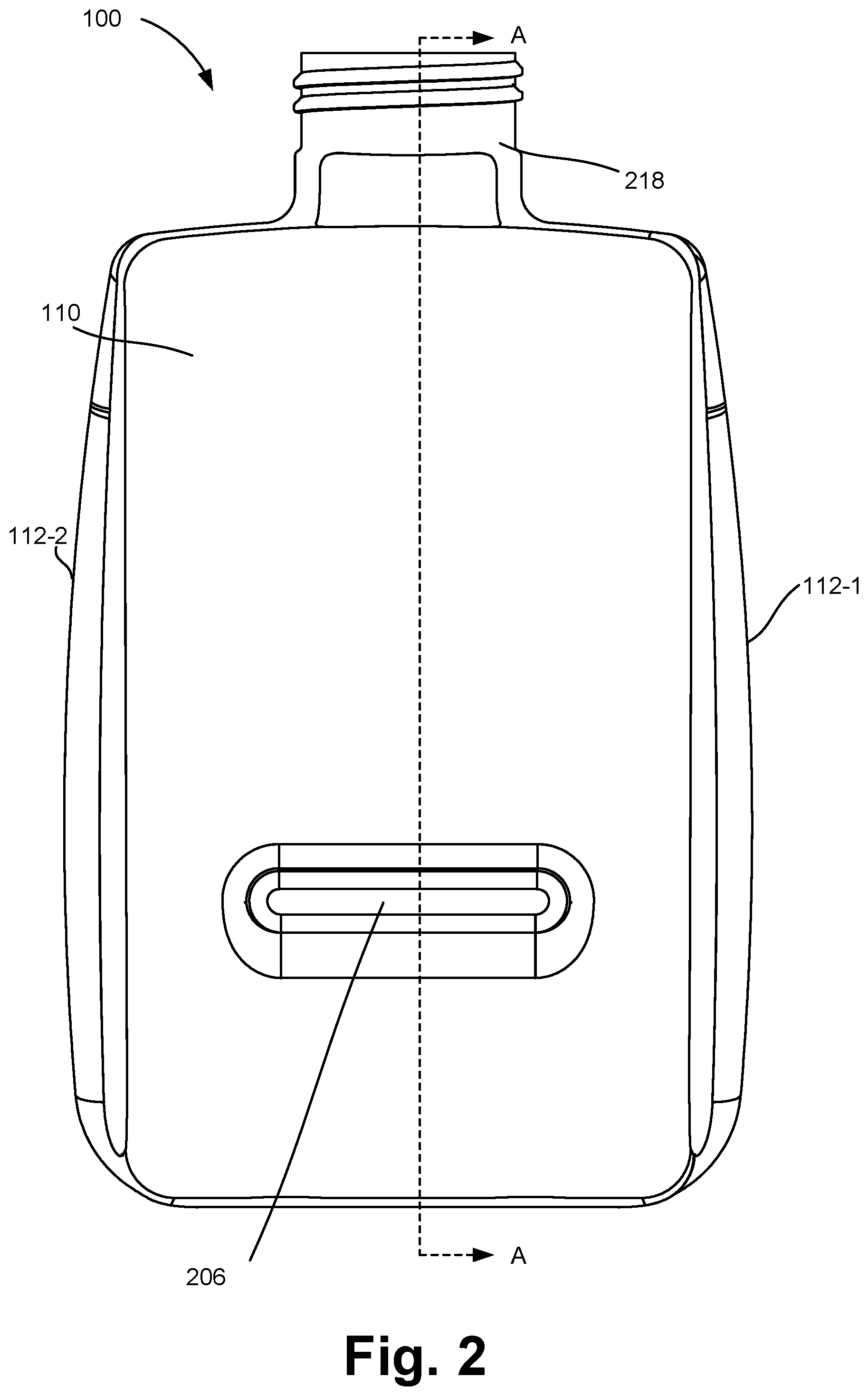 Patent US11787591 Figure 2 – Composition container with front surface preserving recess