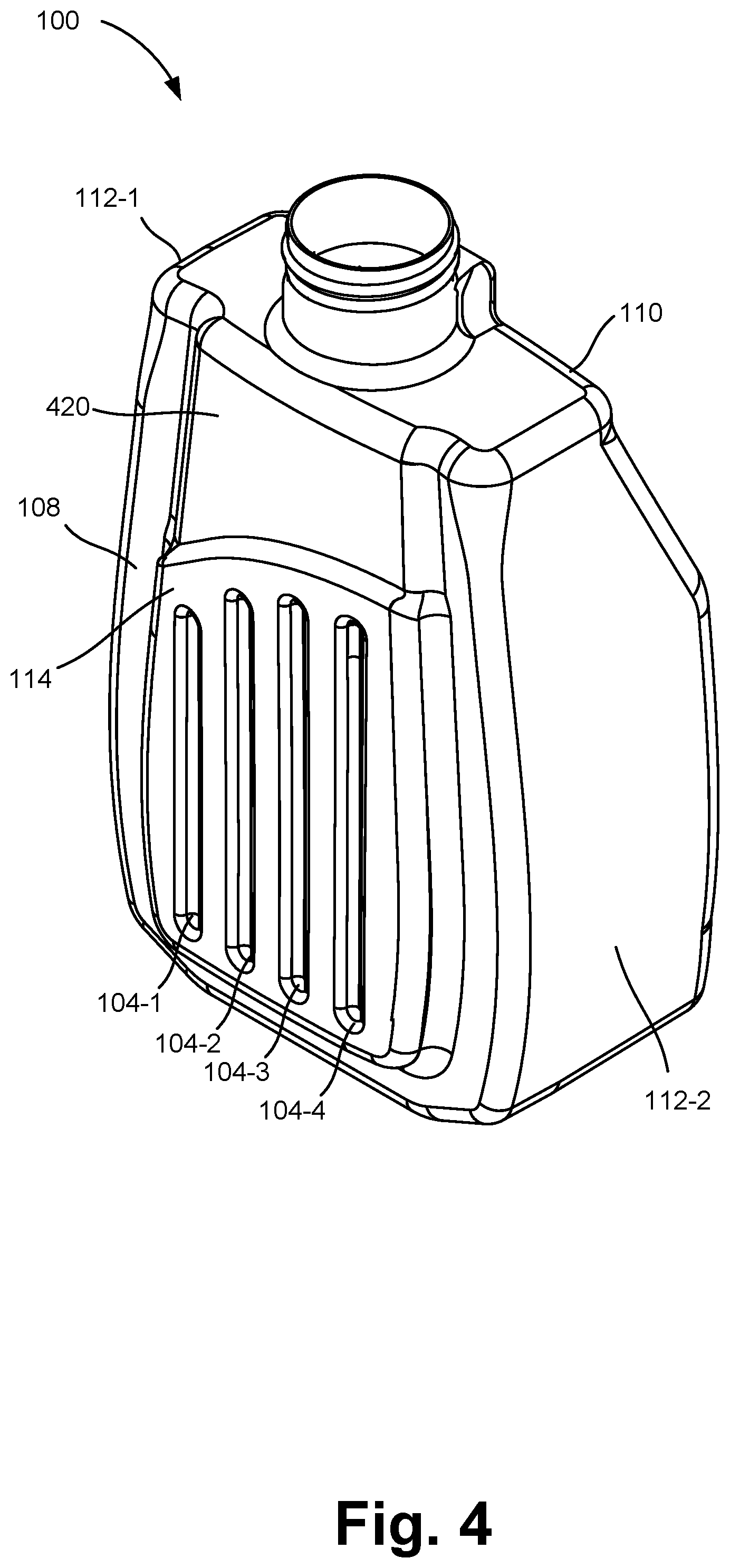 Patent US11787591 Figure 4 – Composition container with front surface preserving recess
