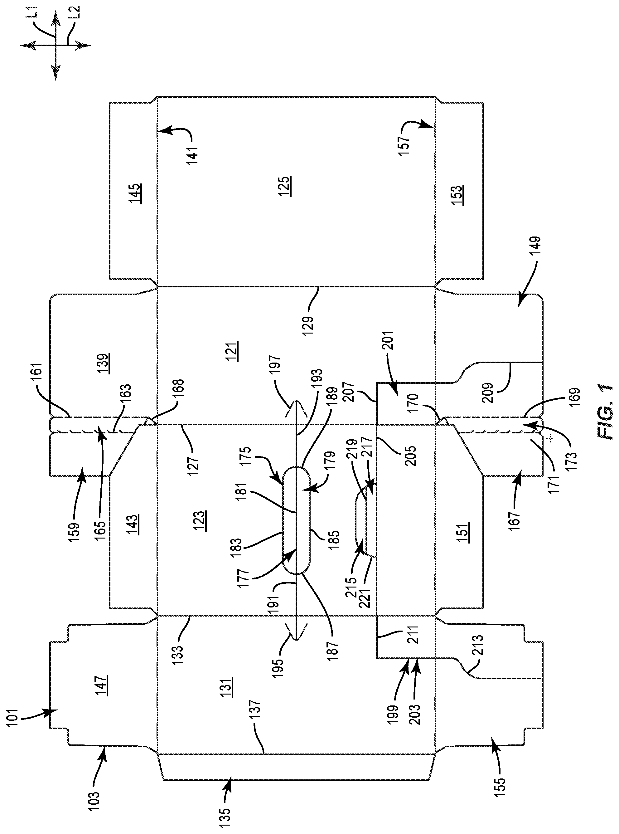 Patent US11787595 Figure 1 – Carton with attachment features