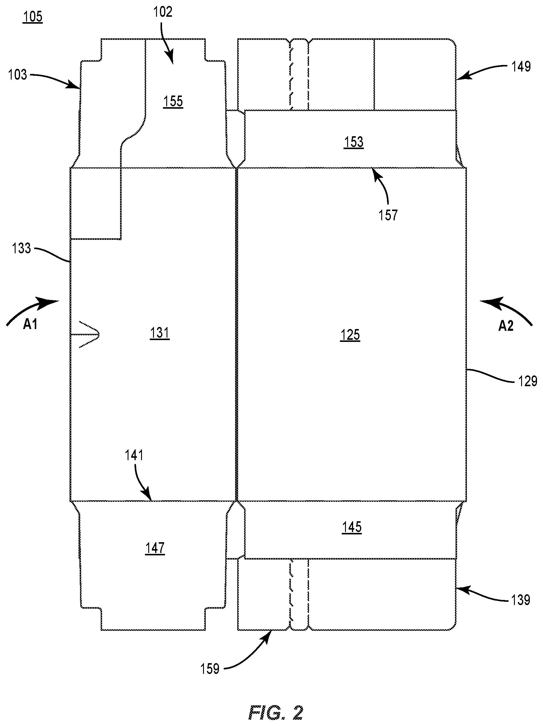 Patent US11787595 Figure 2 – Carton with attachment features