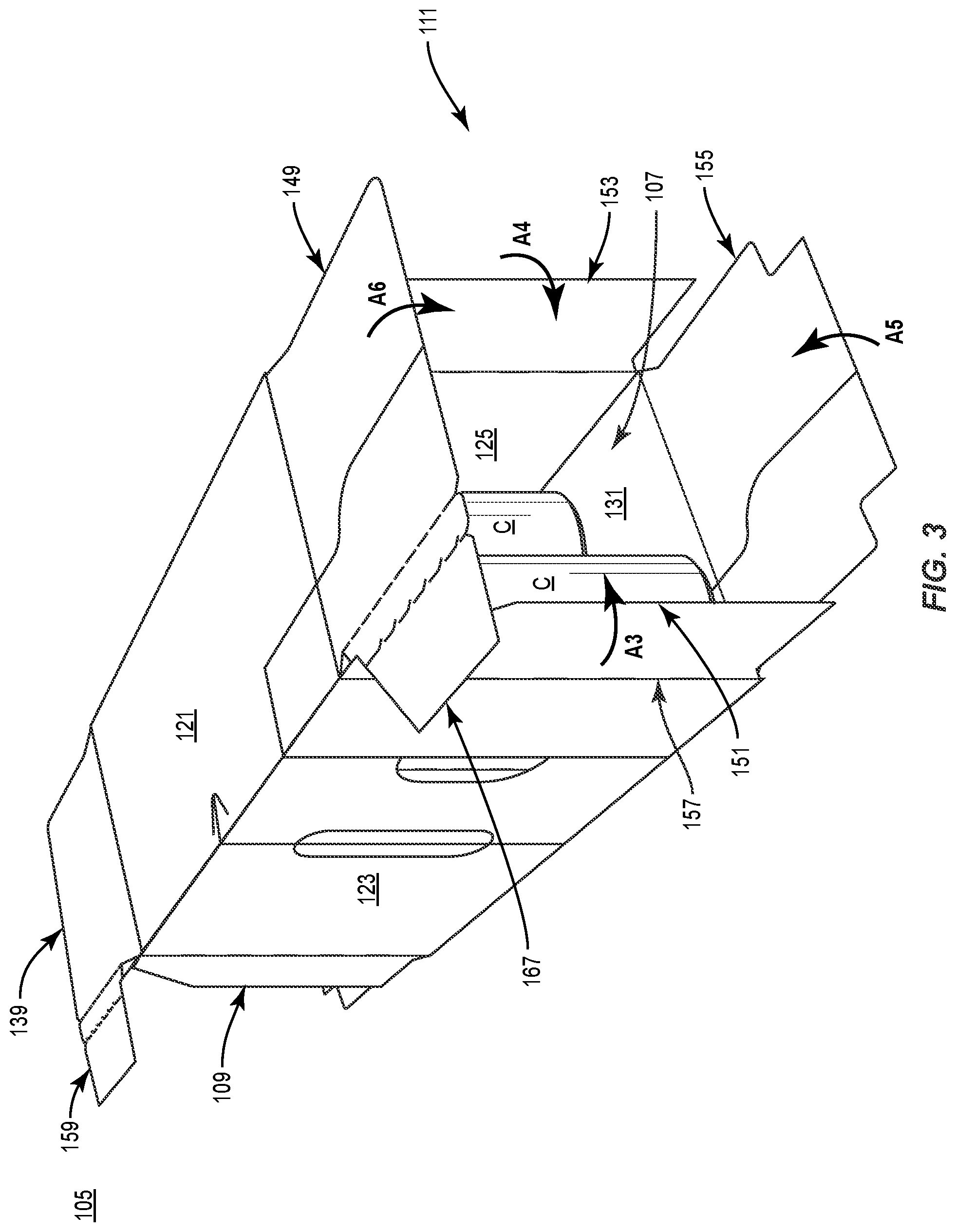 Patent US11787595 Figure 3 – Carton with attachment features