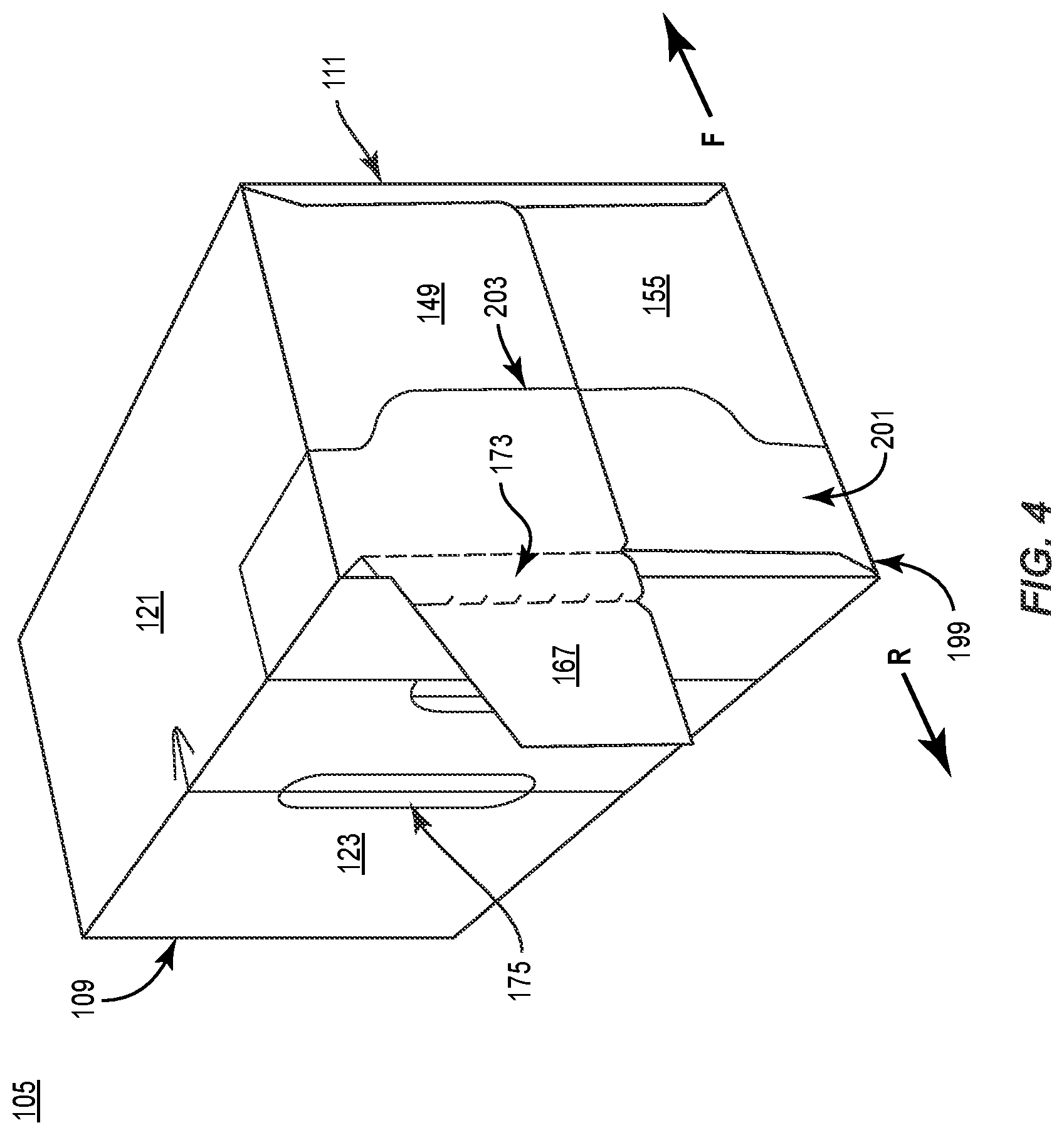 Patent US11787595 Figure 4 – Carton with attachment features