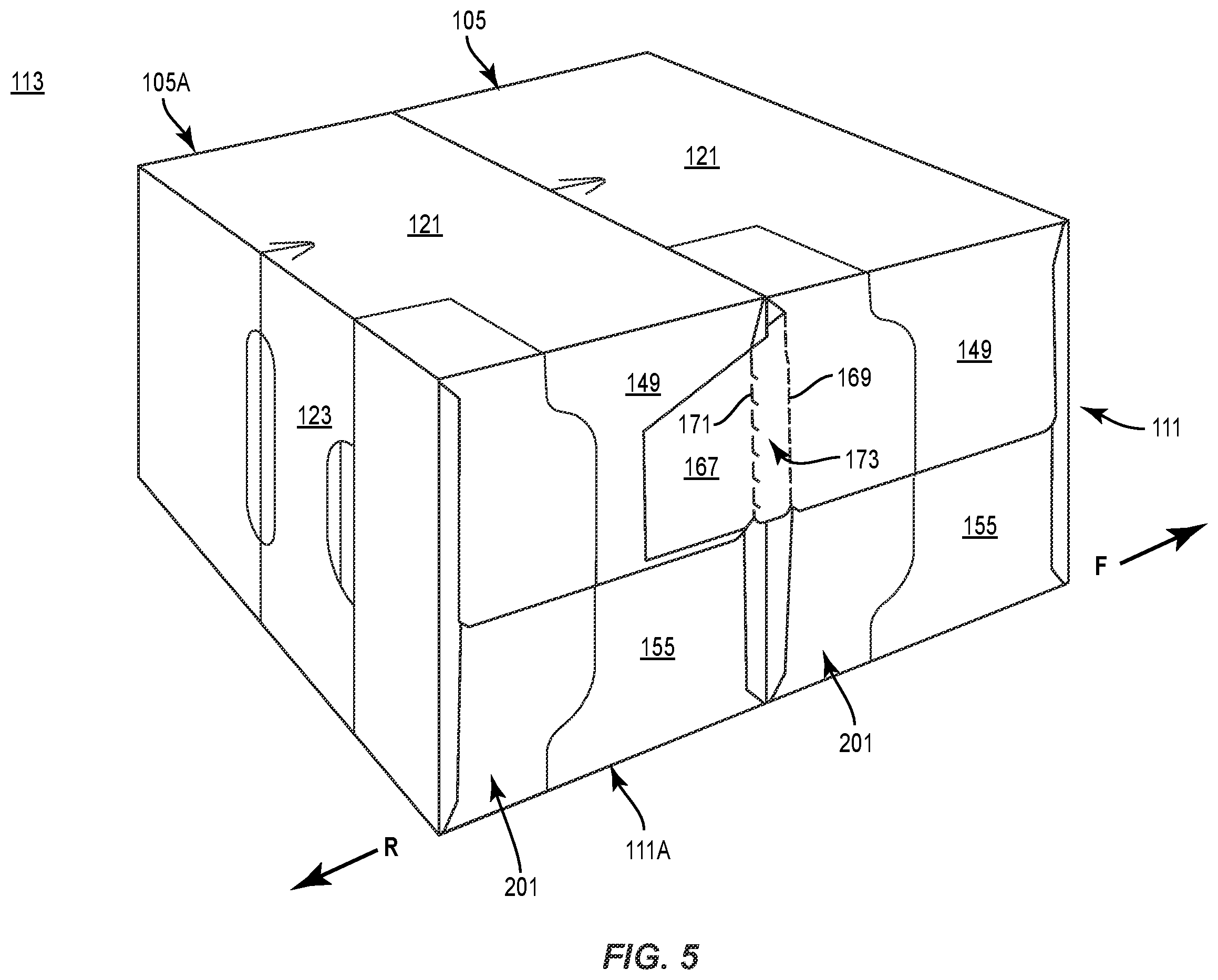 Patent US11787595 Figure 5 – Carton with attachment features