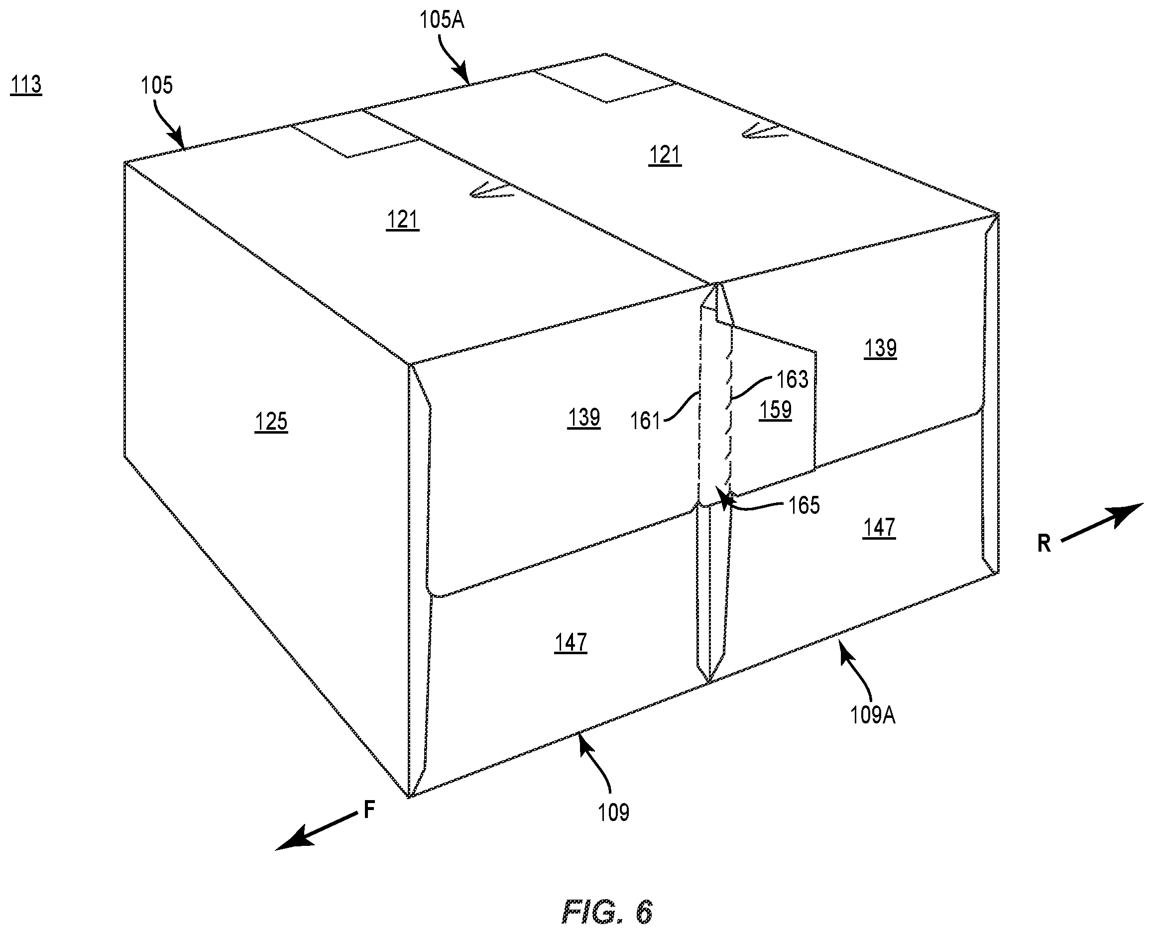 Patent US11787595 Figure 6 – Carton with attachment features