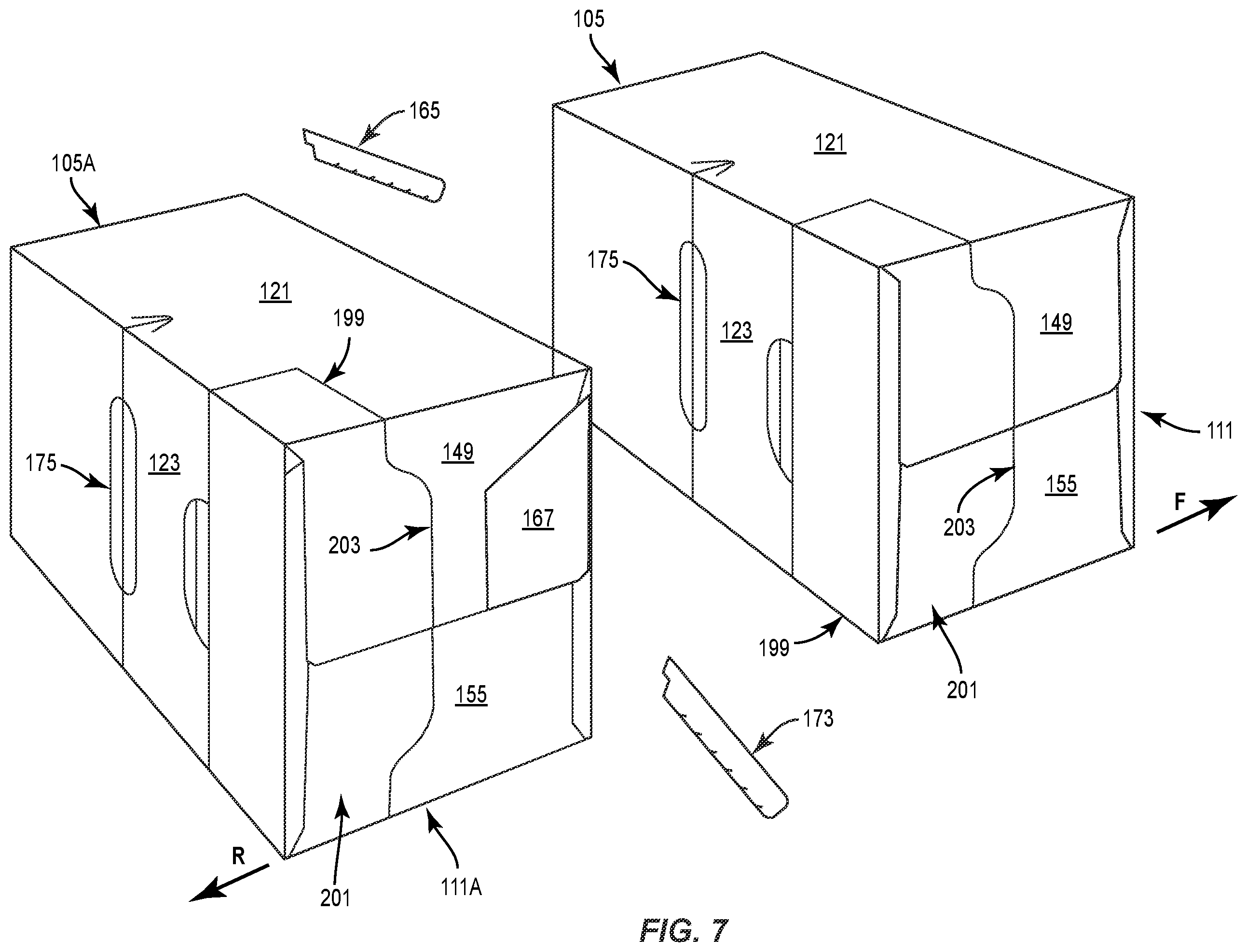 Patent US11787595 Figure 7 – Carton with attachment features